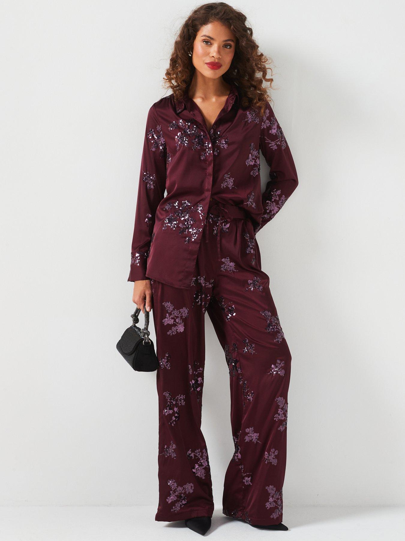  image of v-by-very-sequin-satin-trouser-co-ord-burgundy