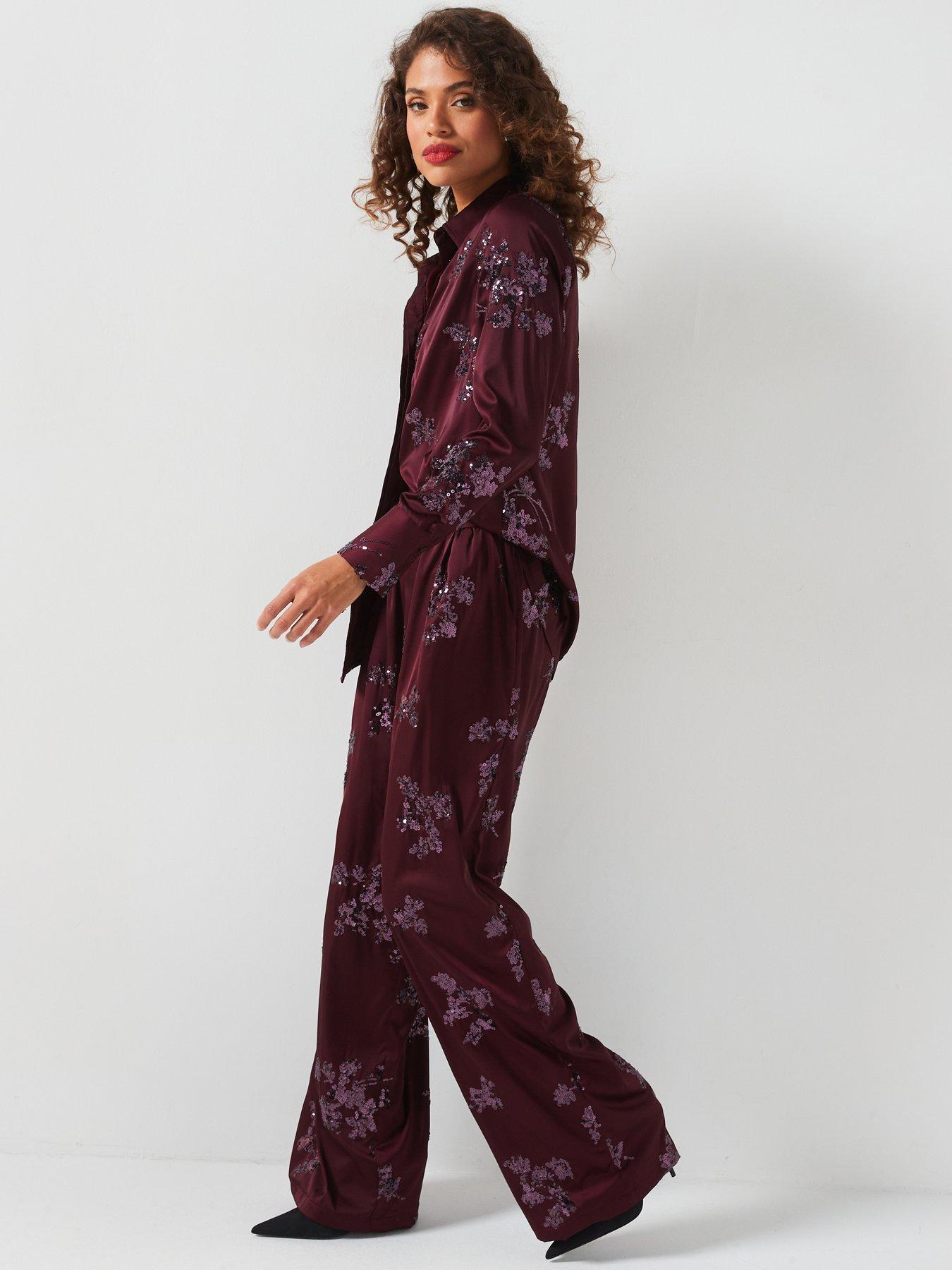  image of v-by-very-sequin-satin-trouser-co-ord-burgundy