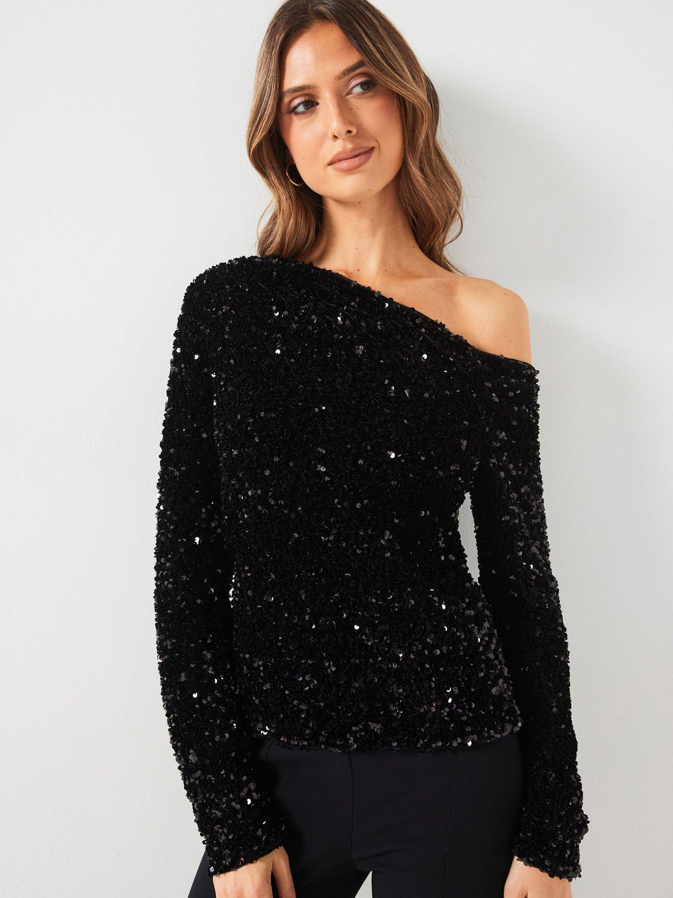  image of v-by-very-off-the-shoulder-sequin-top-black