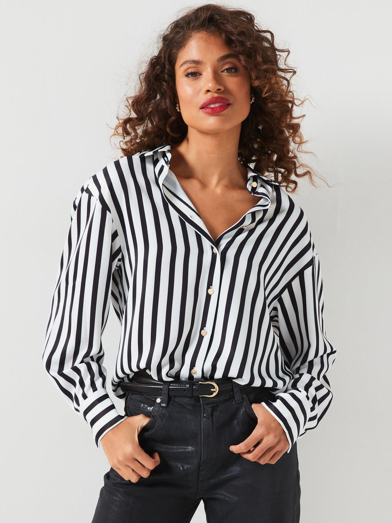 Image 1 of 6 of V by Very Stripe Satin Longline Shirt - Black