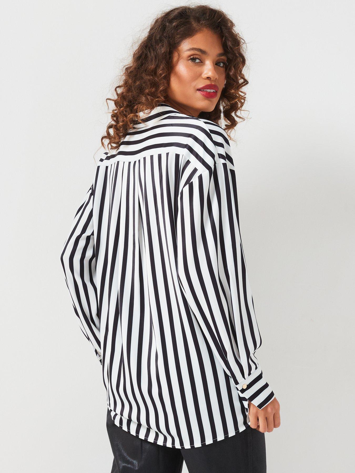 Image 2 of 6 of V by Very Stripe Satin Longline Shirt - Black
