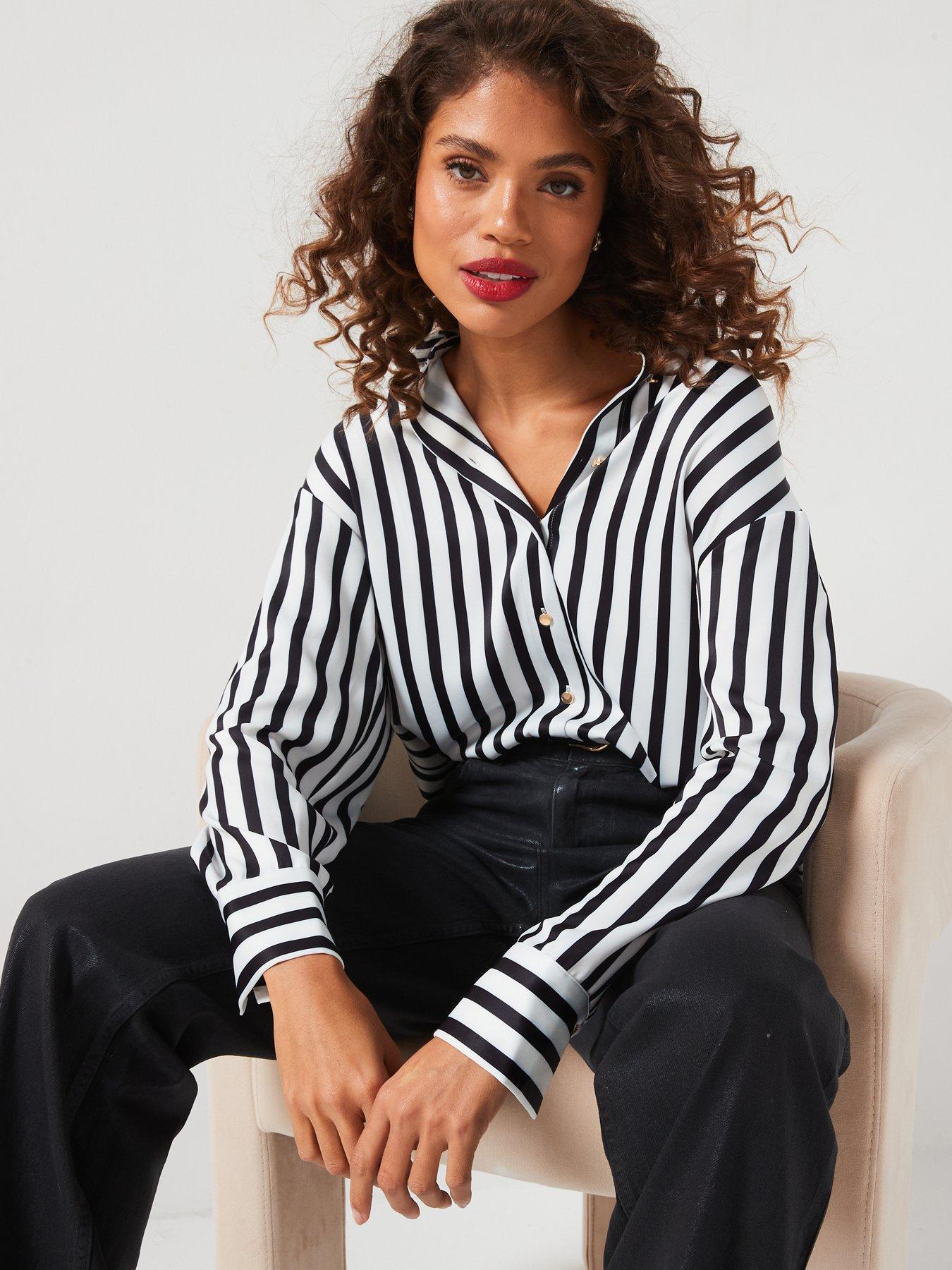 Image 6 of 6 of V by Very Stripe Satin Longline Shirt - Black