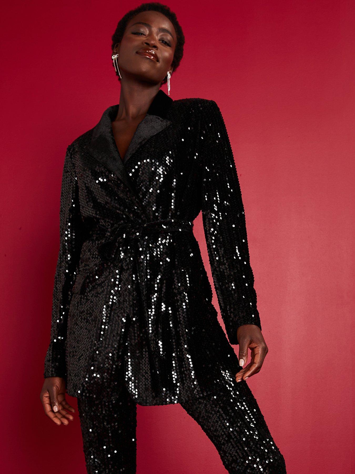 undefined Sequin Tie Waist Blazer - Black