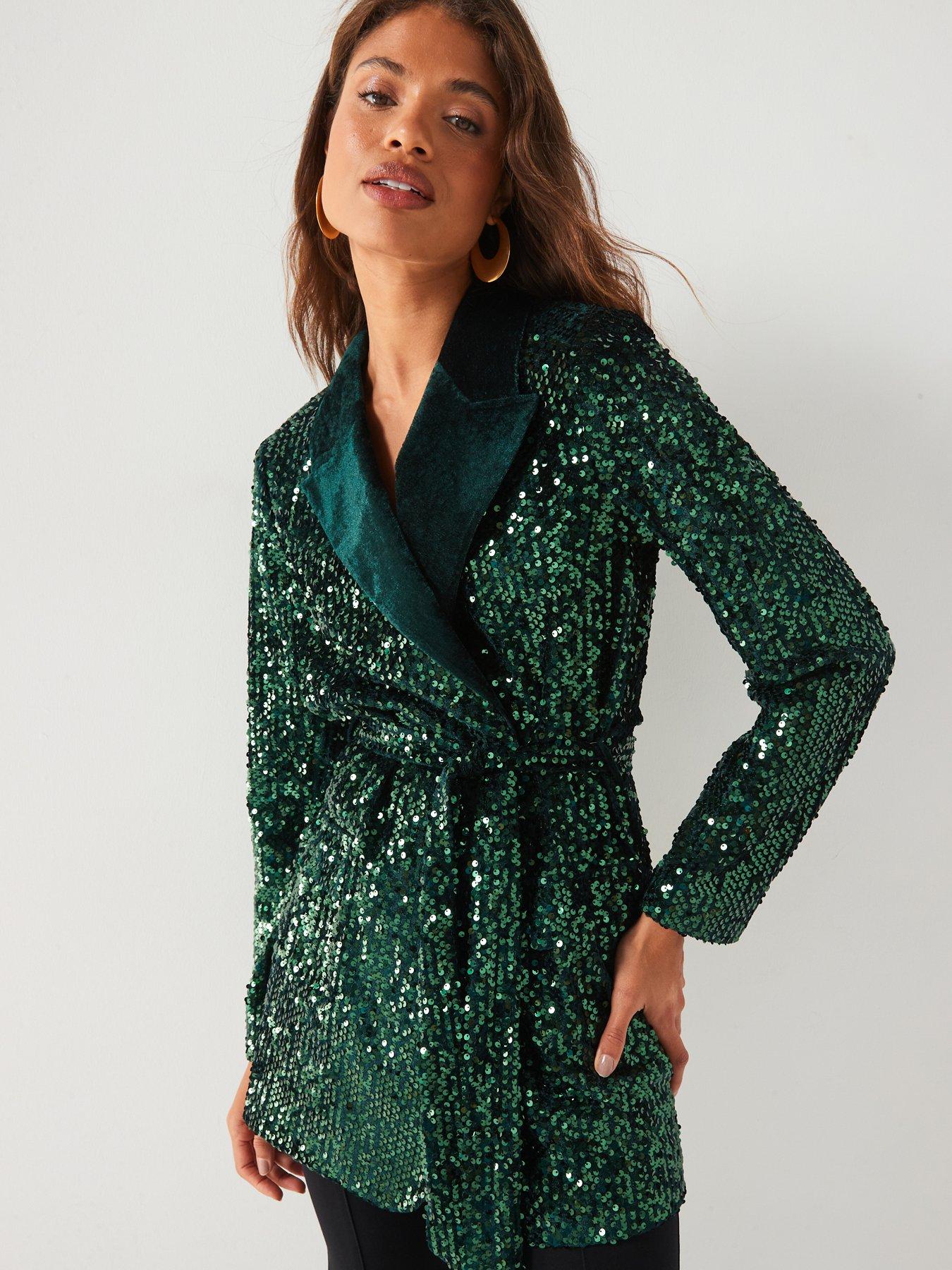 undefined Sequin Tie Waist Blazer - Green
