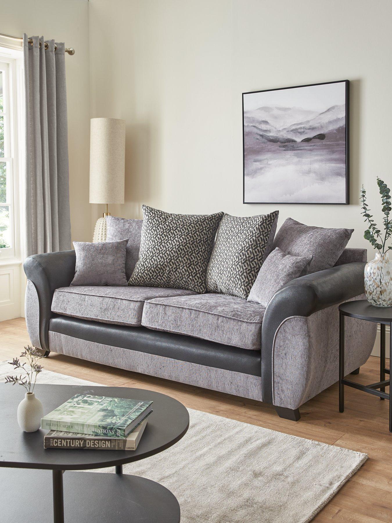 undefined Marino Fabric/Faux Leather 3 Seater Scatter Back Sofa - Grey/Black - Made in the UK