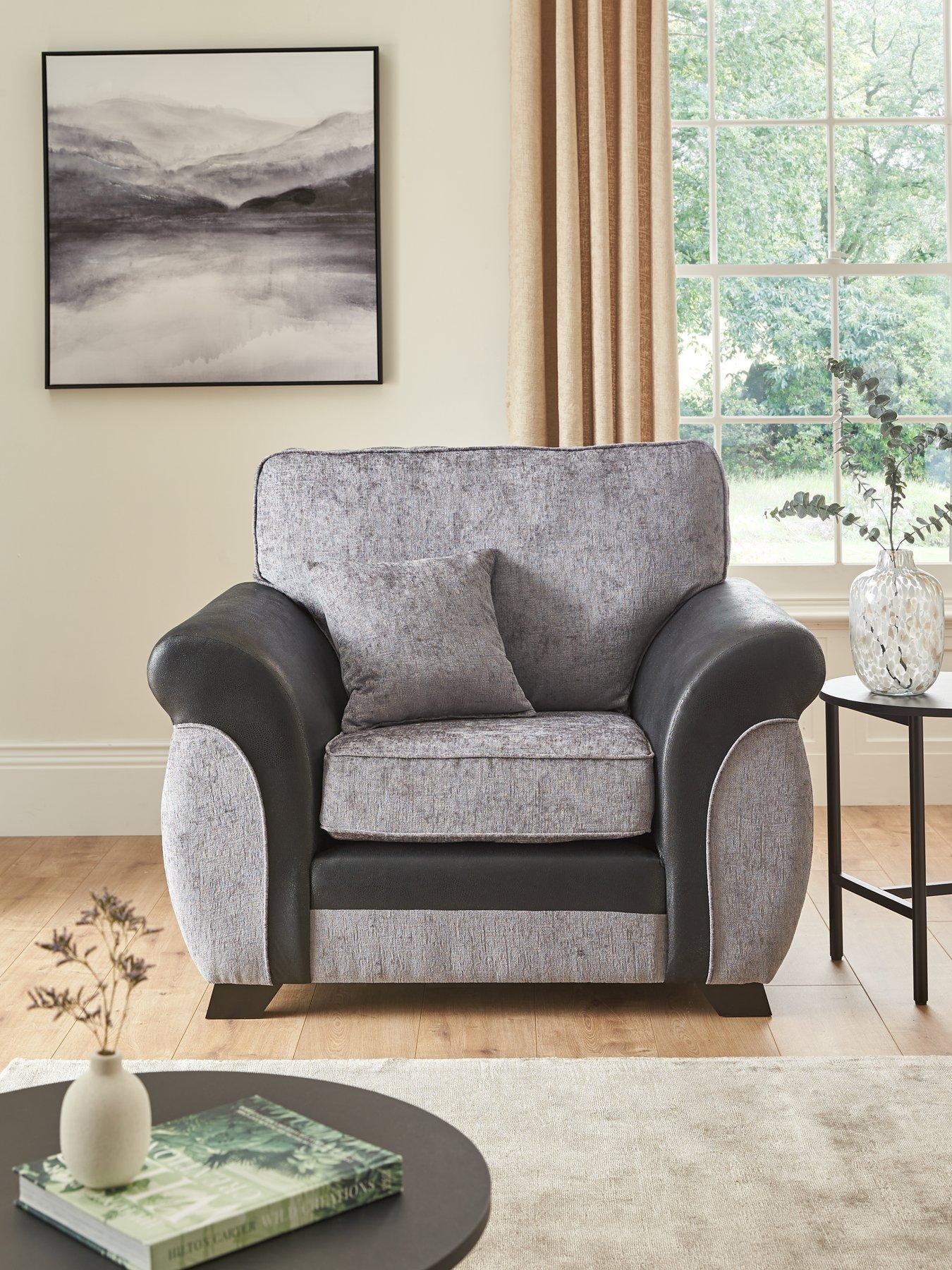 undefined Marino Fabric/Faux Leather Armchair - Grey/Black - Made in the UK
