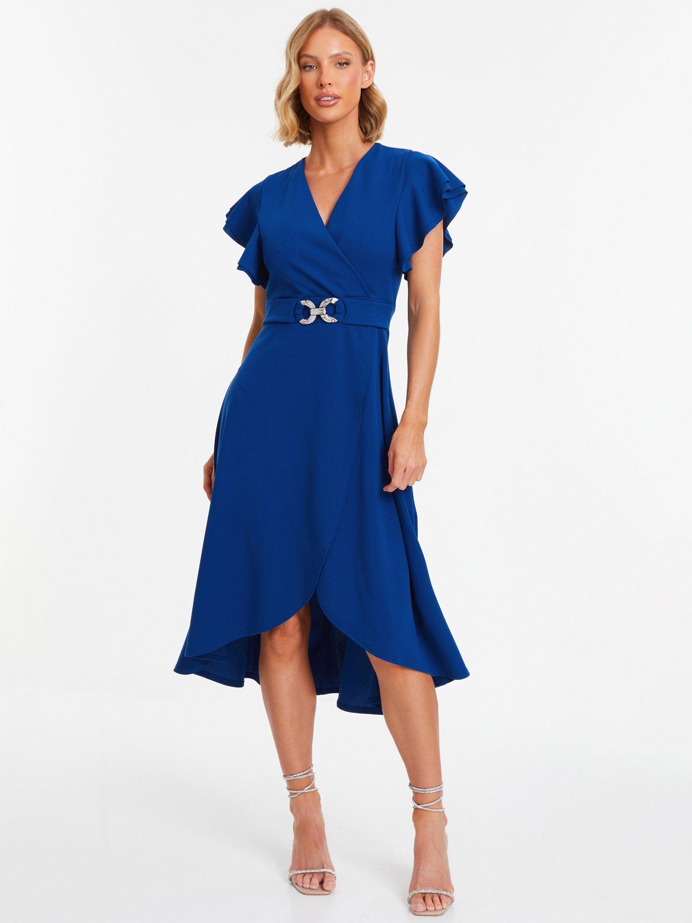 Royal Blue Wrap Frill Sleeve Midi Dress