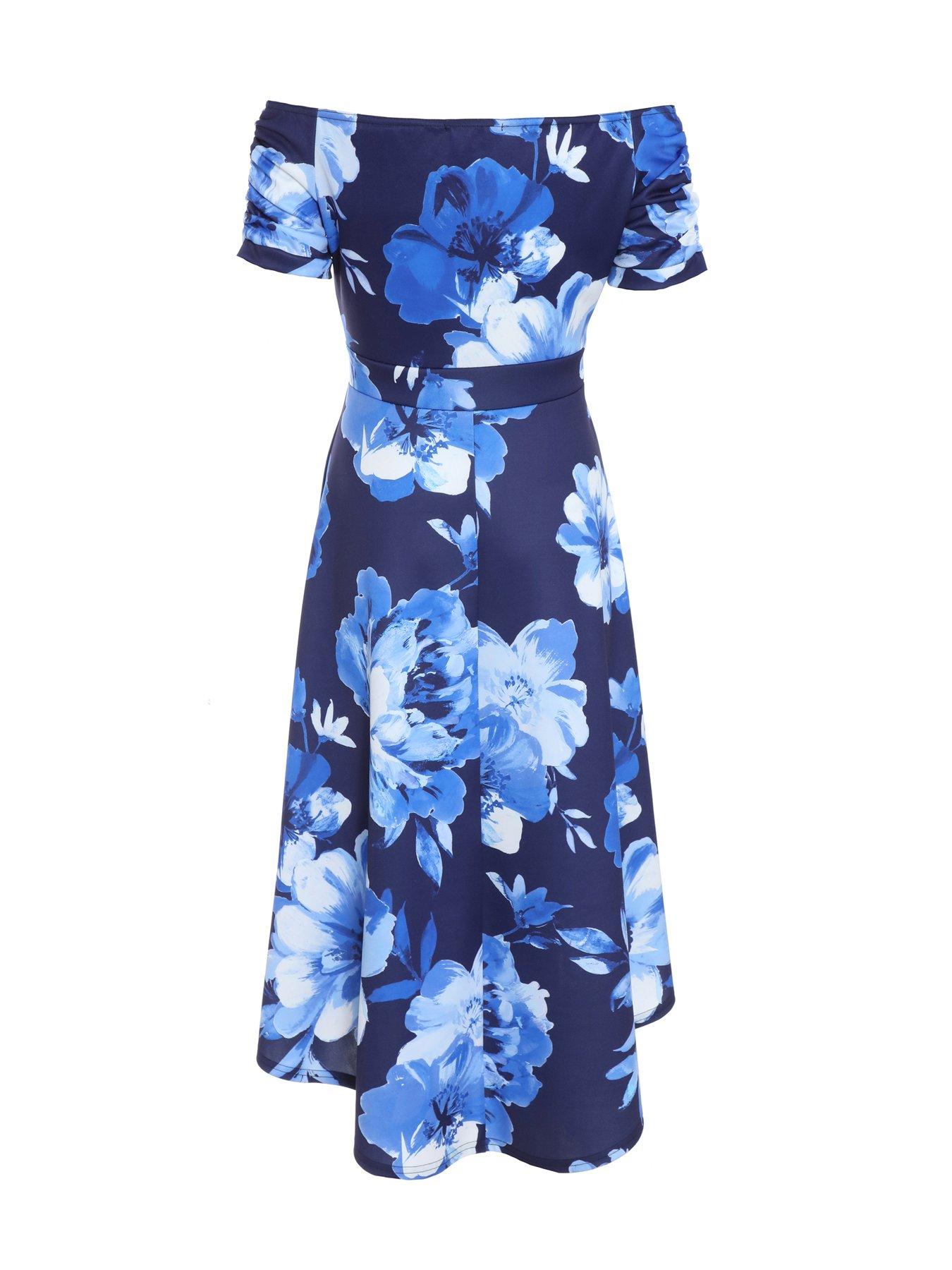 Quiz Navy Floral Bardot Dip Hem Midi Dress | Littlewoods