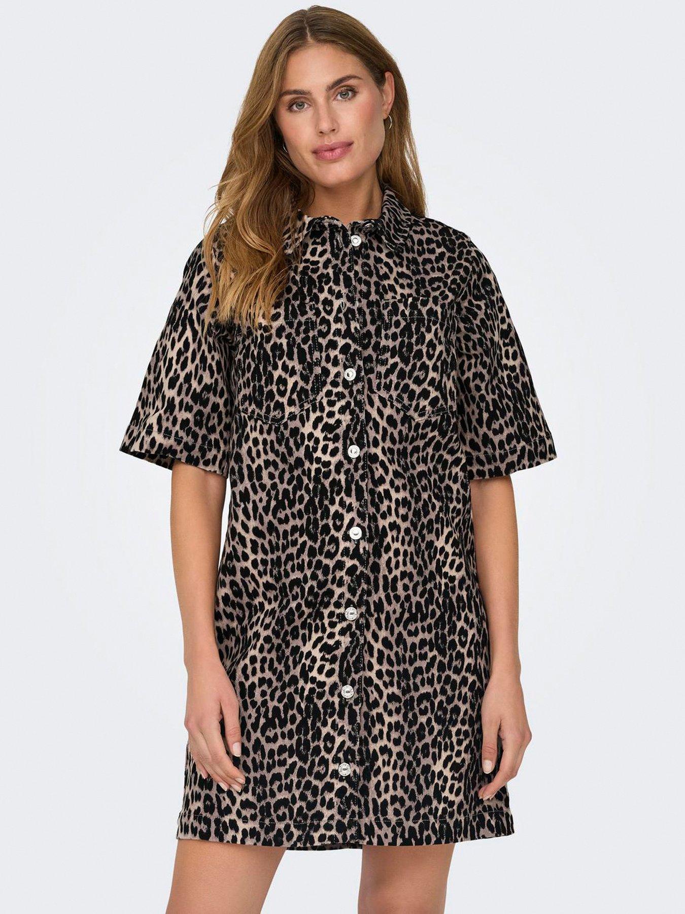 Leopard Print Denim Mini Dress Black