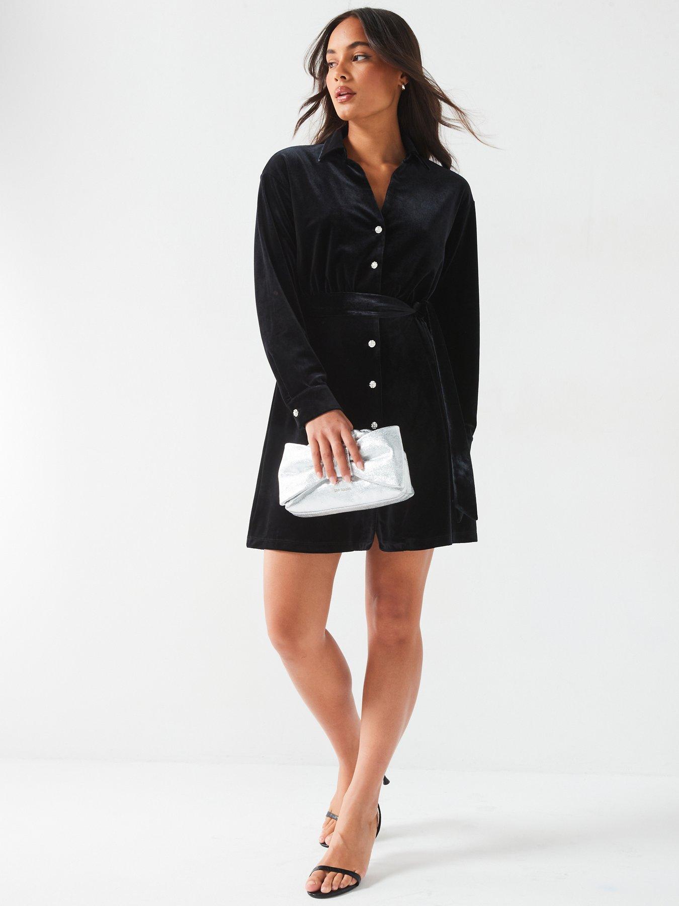 undefined Velvet Belted Shirt Dress - Black