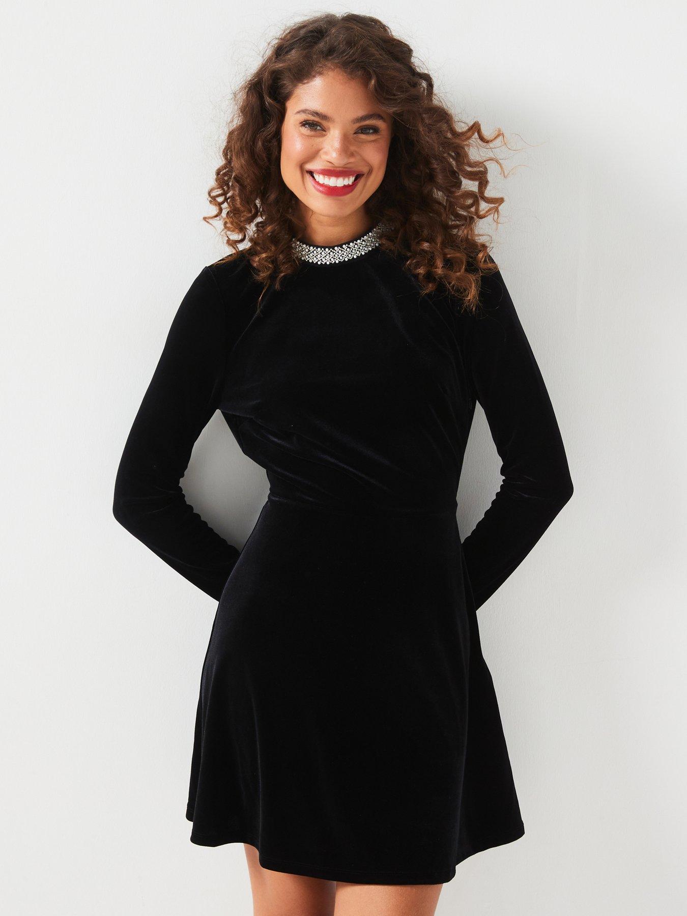 undefined Beaded Trim Velvet Mini Dress - Black