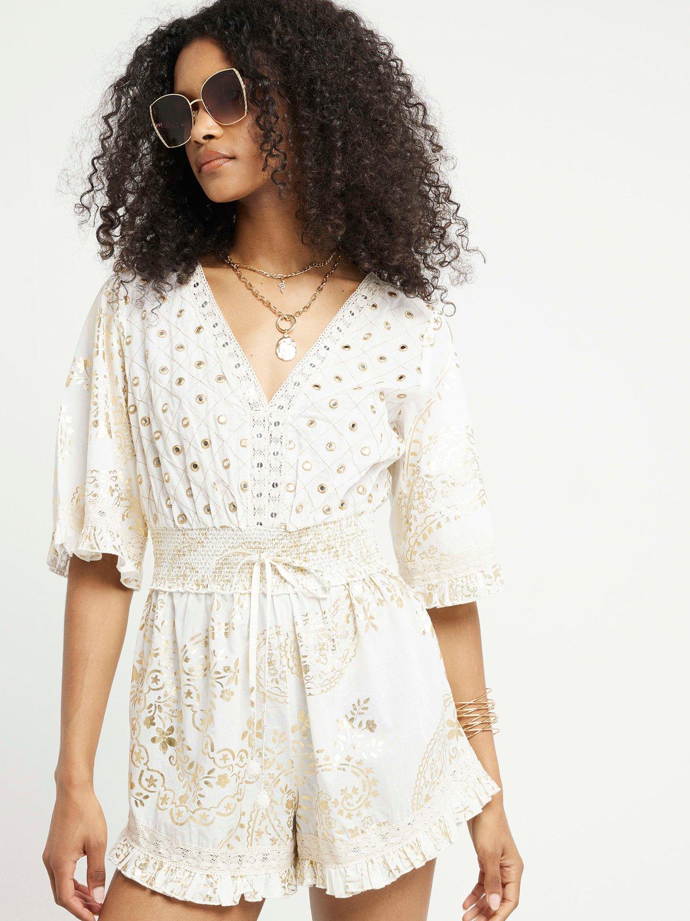 River Island Lace Ruffle Playsuit Cream littlewoods