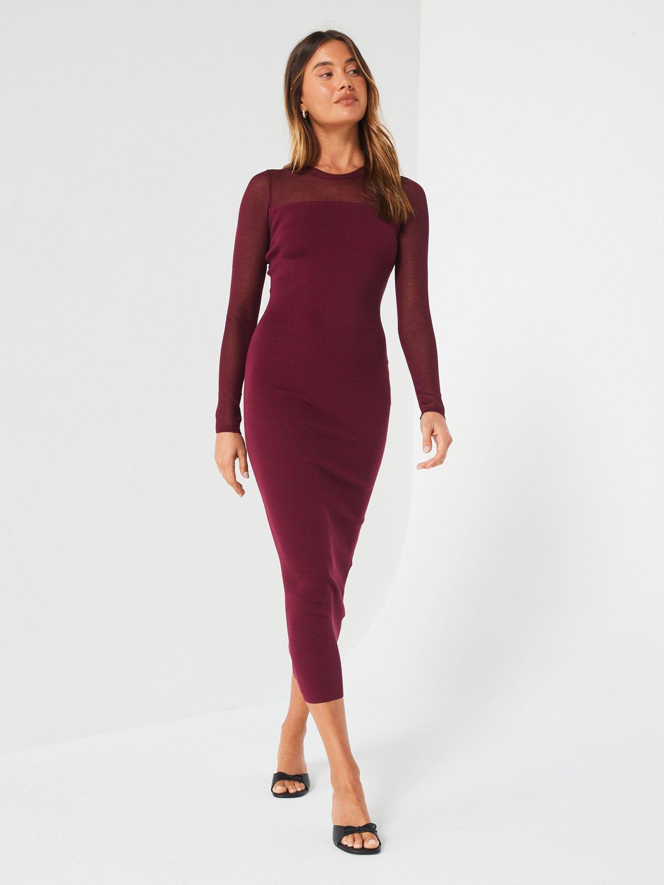 undefined Mesh Yoke Compact Knit Pencil Dress - Dark Red
