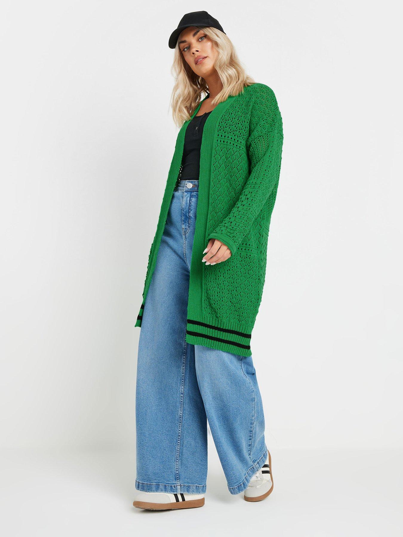 Image 1 of 4 of Yours Curve Pointelle Patchwork Cardigan - Green