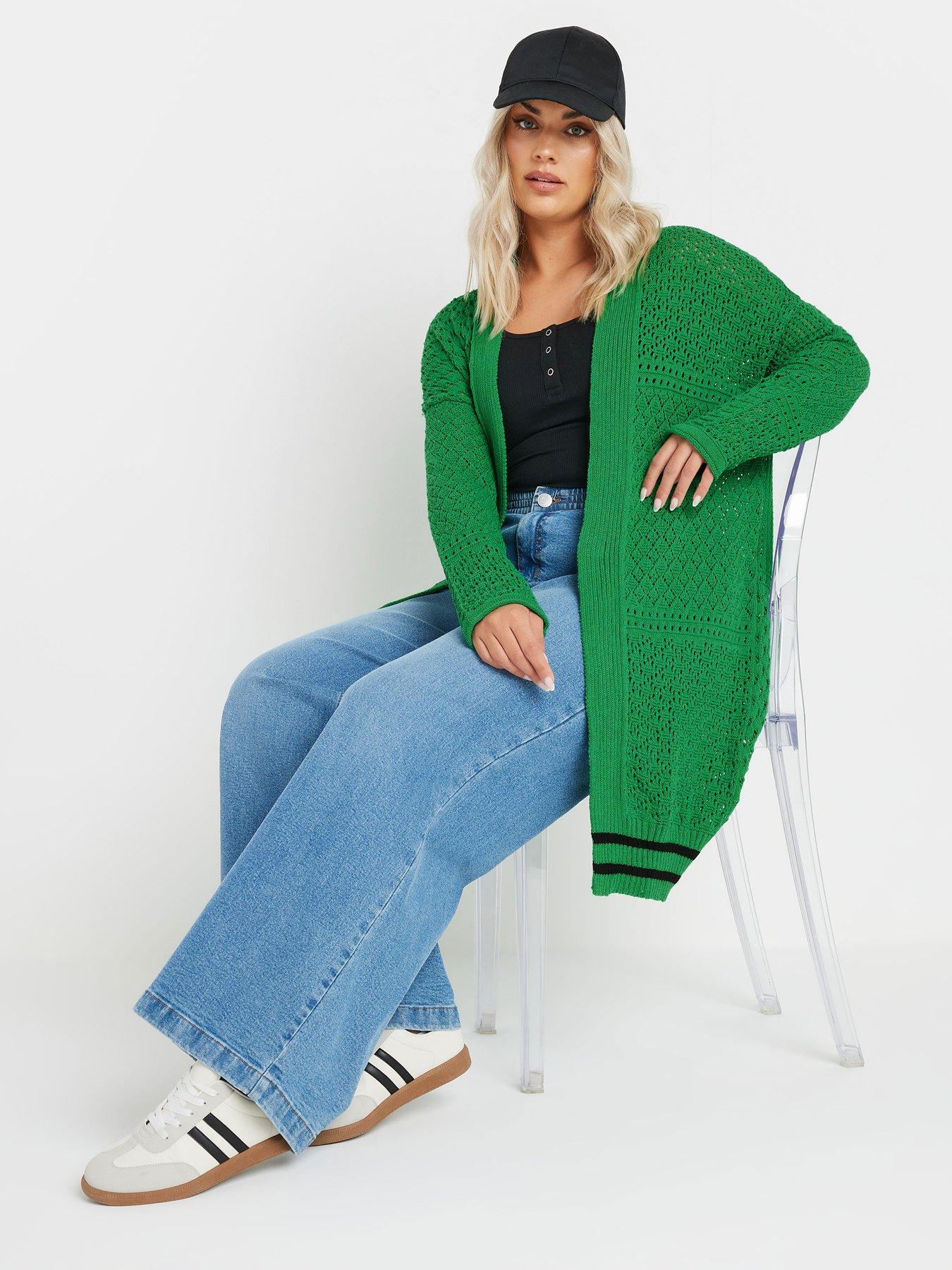 Image 3 of 4 of Yours Curve Pointelle Patchwork Cardigan - Green
