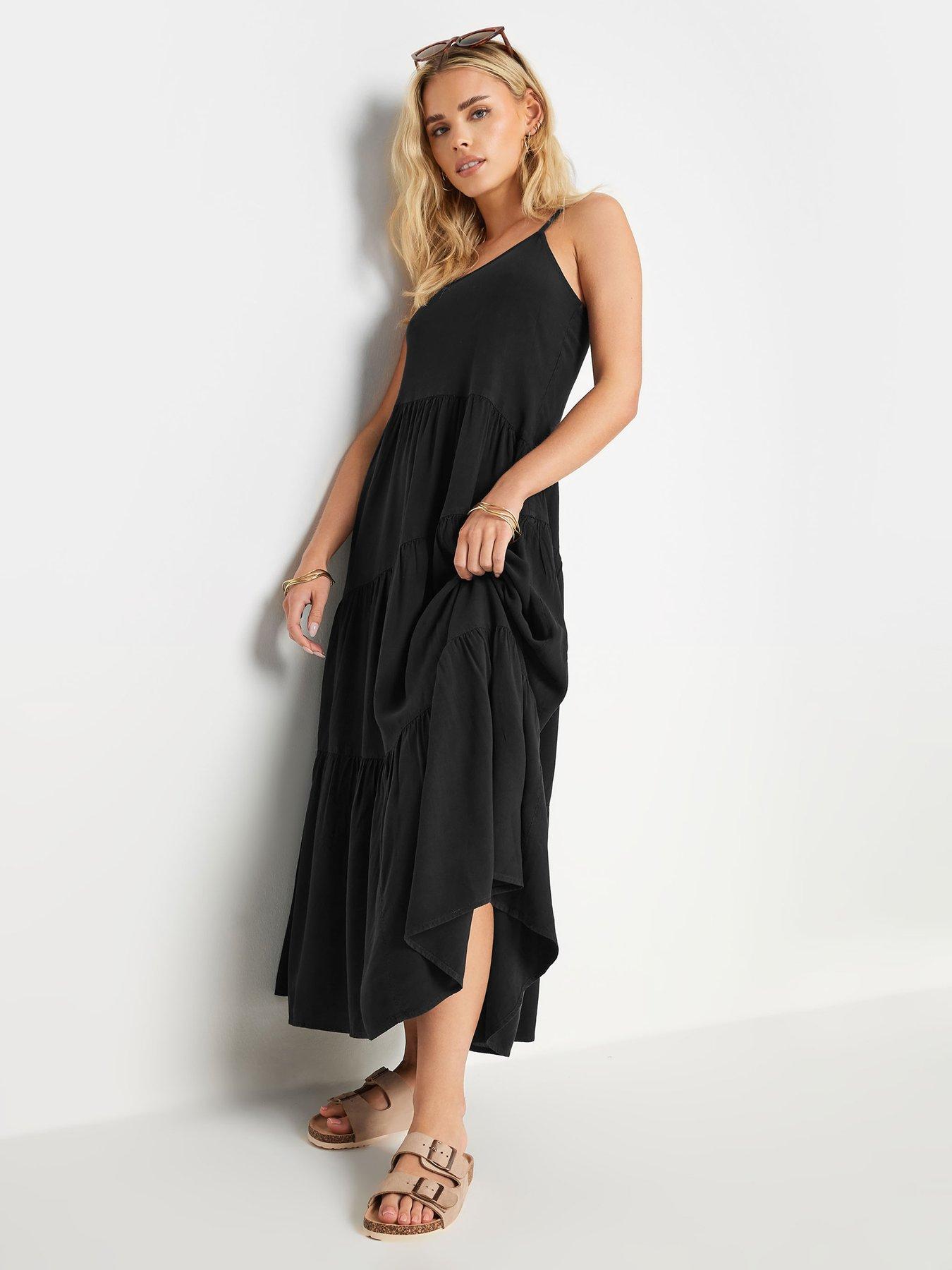 undefined Petite Asymmetric Tiered Maxi Dress - Black