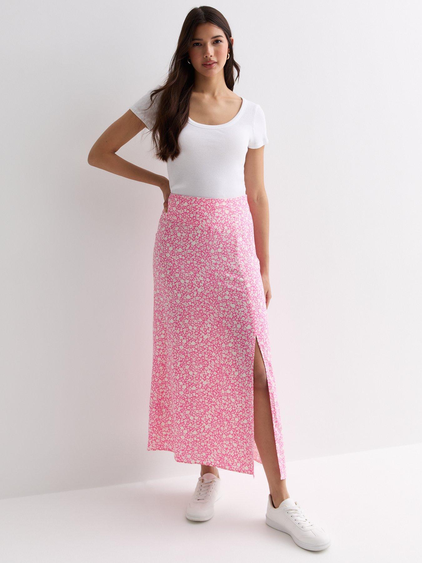 New Look Pink Ditsy Floral Split Hem Midi Skirt littlewoods