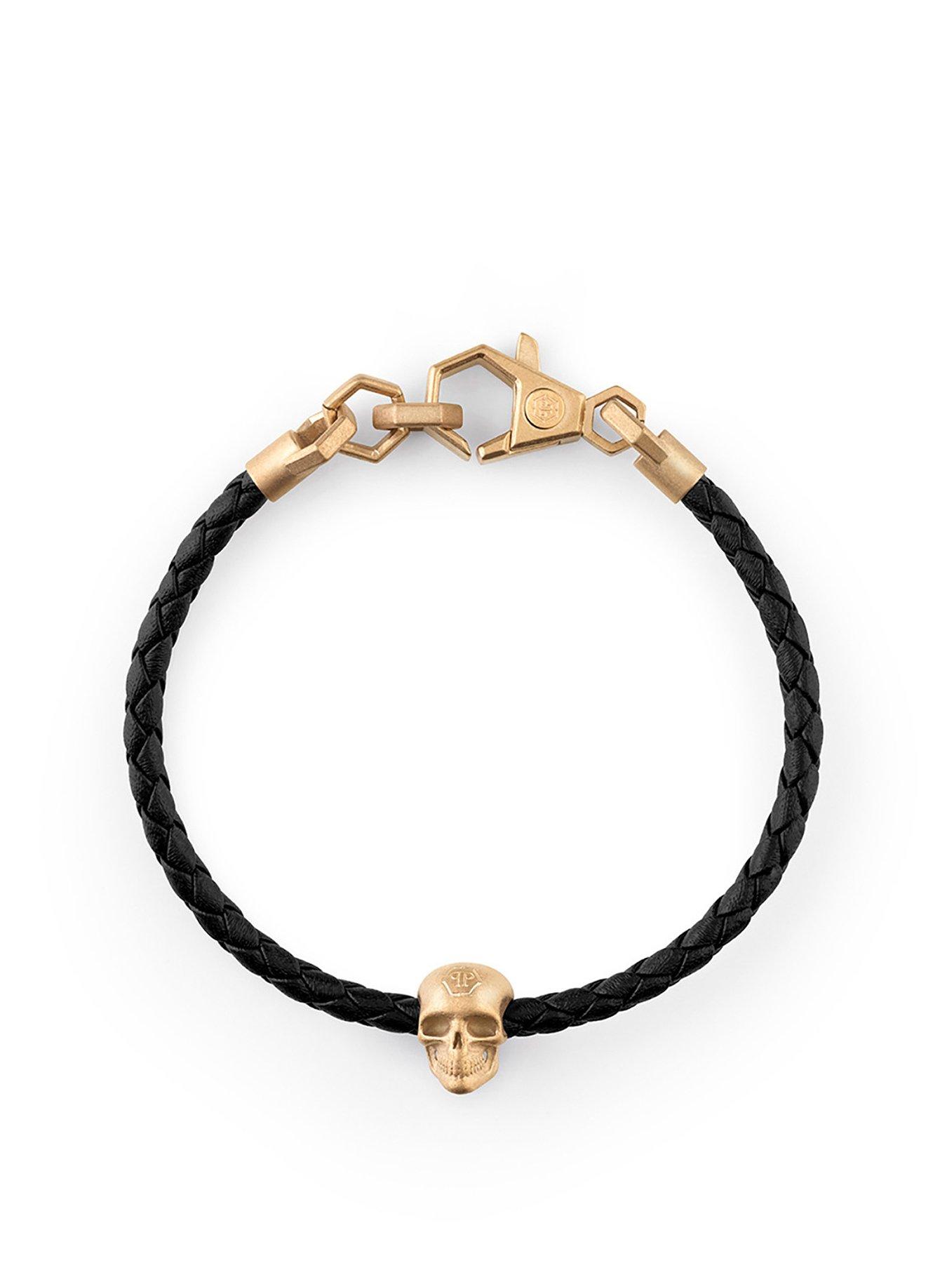 undefined FRIENDSHIP SKULL IP Yellow Gold BLACK leather bracelet