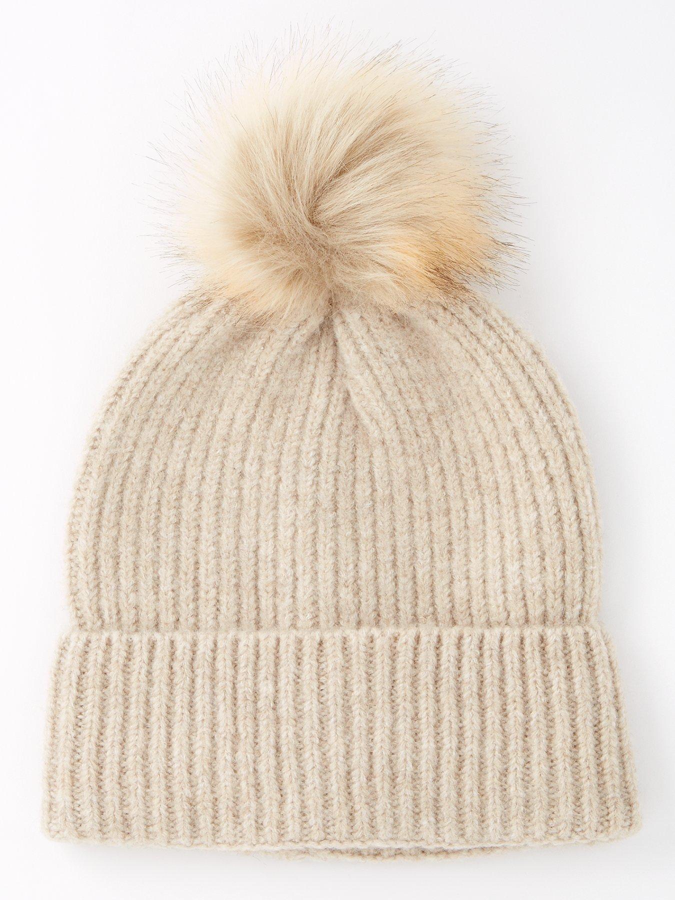 undefined Rib Knit Beanie With Faux Fur Pom