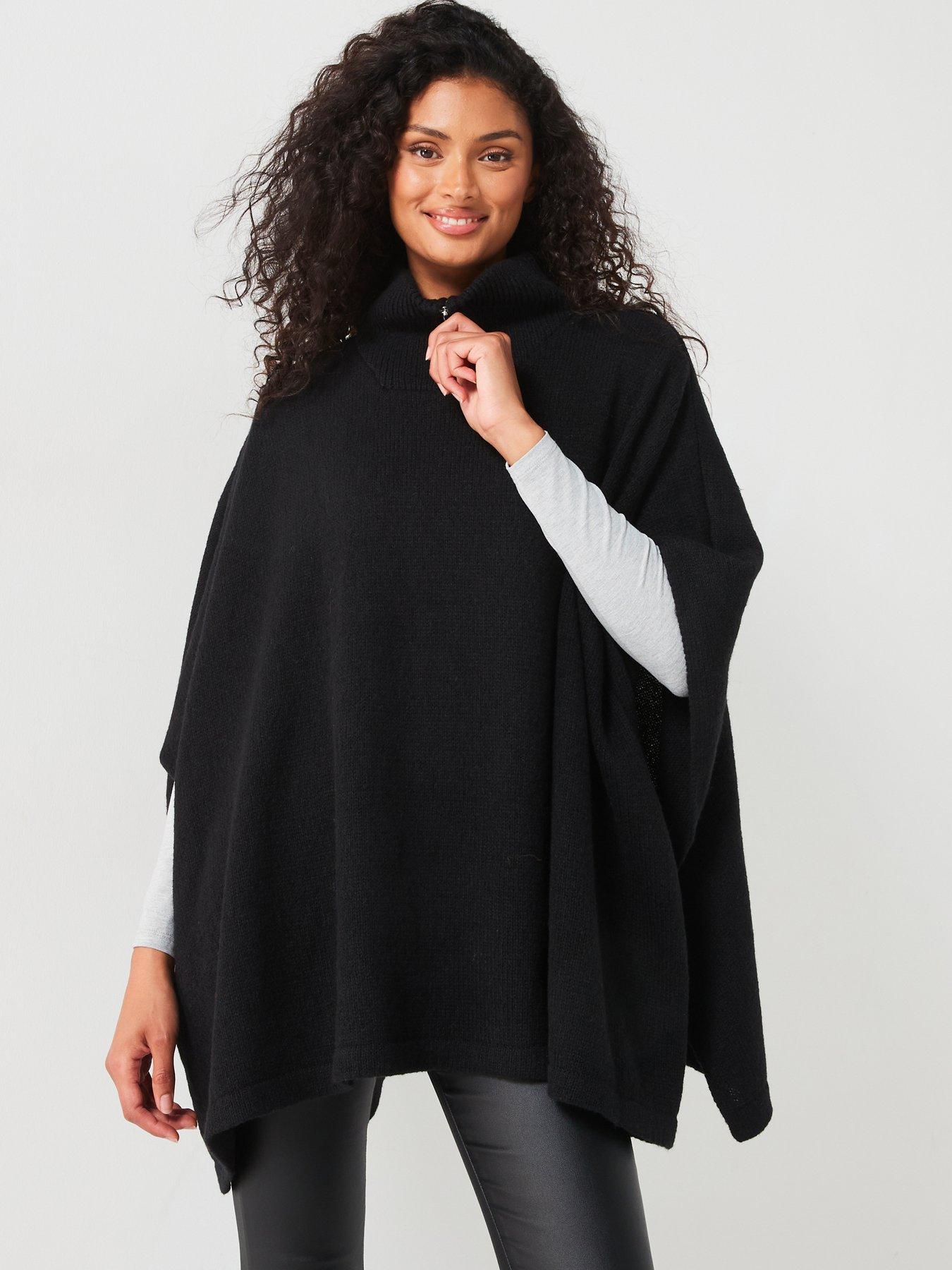  image of v-by-very-knitted-zip-neck-poncho-black