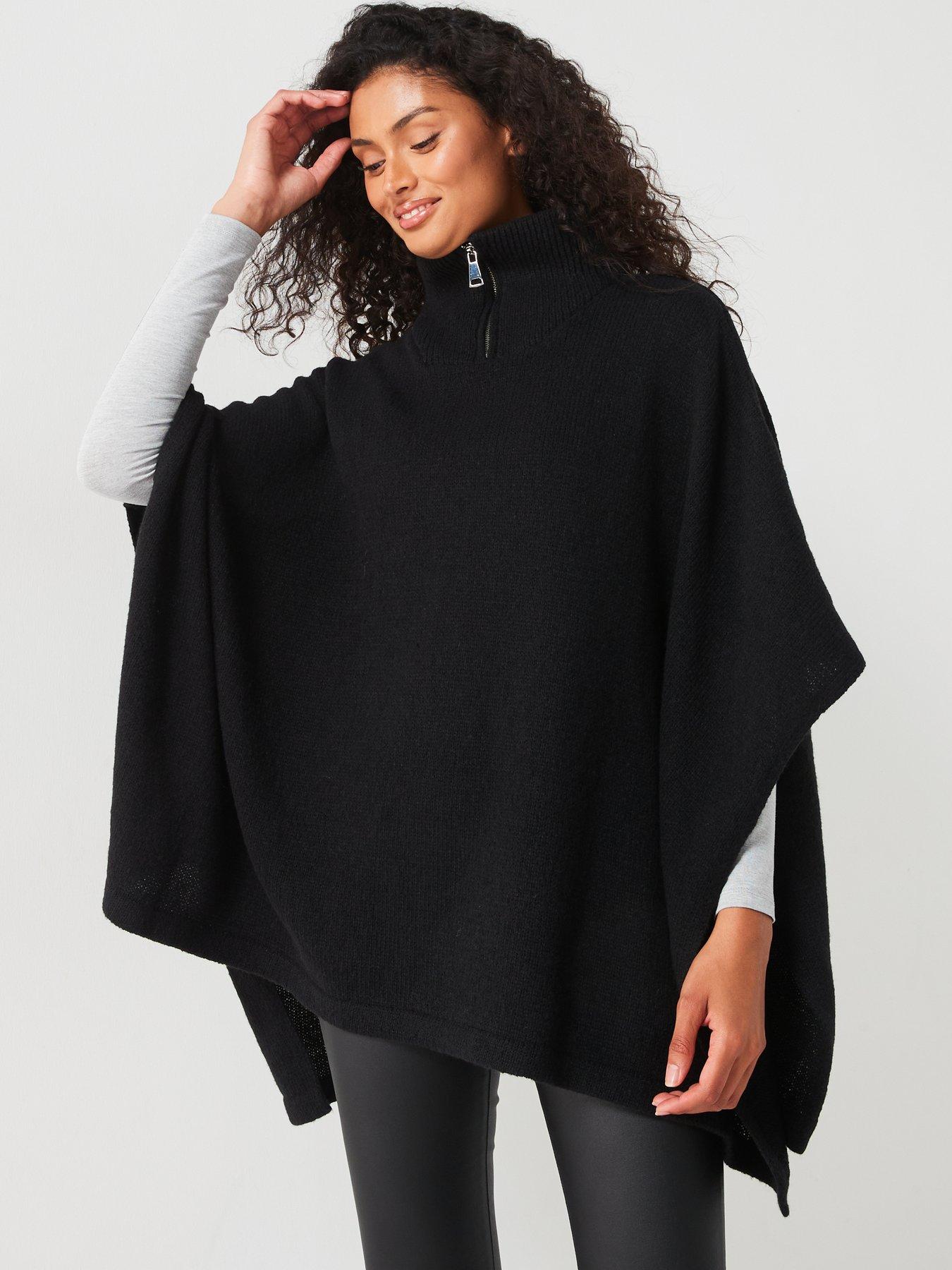  image of v-by-very-knitted-zip-neck-poncho-black