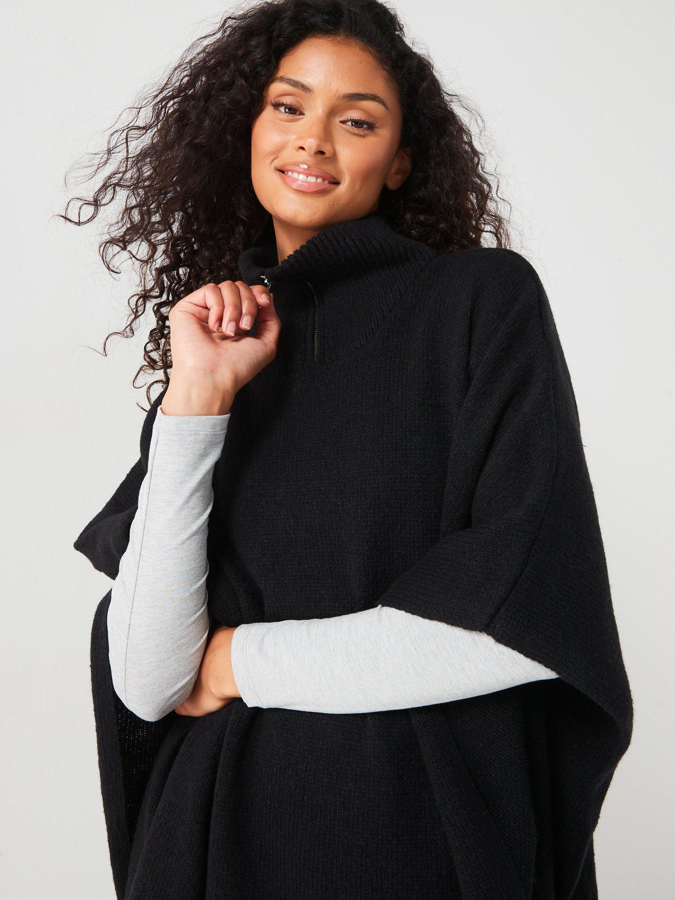  image of v-by-very-knitted-zip-neck-poncho-black
