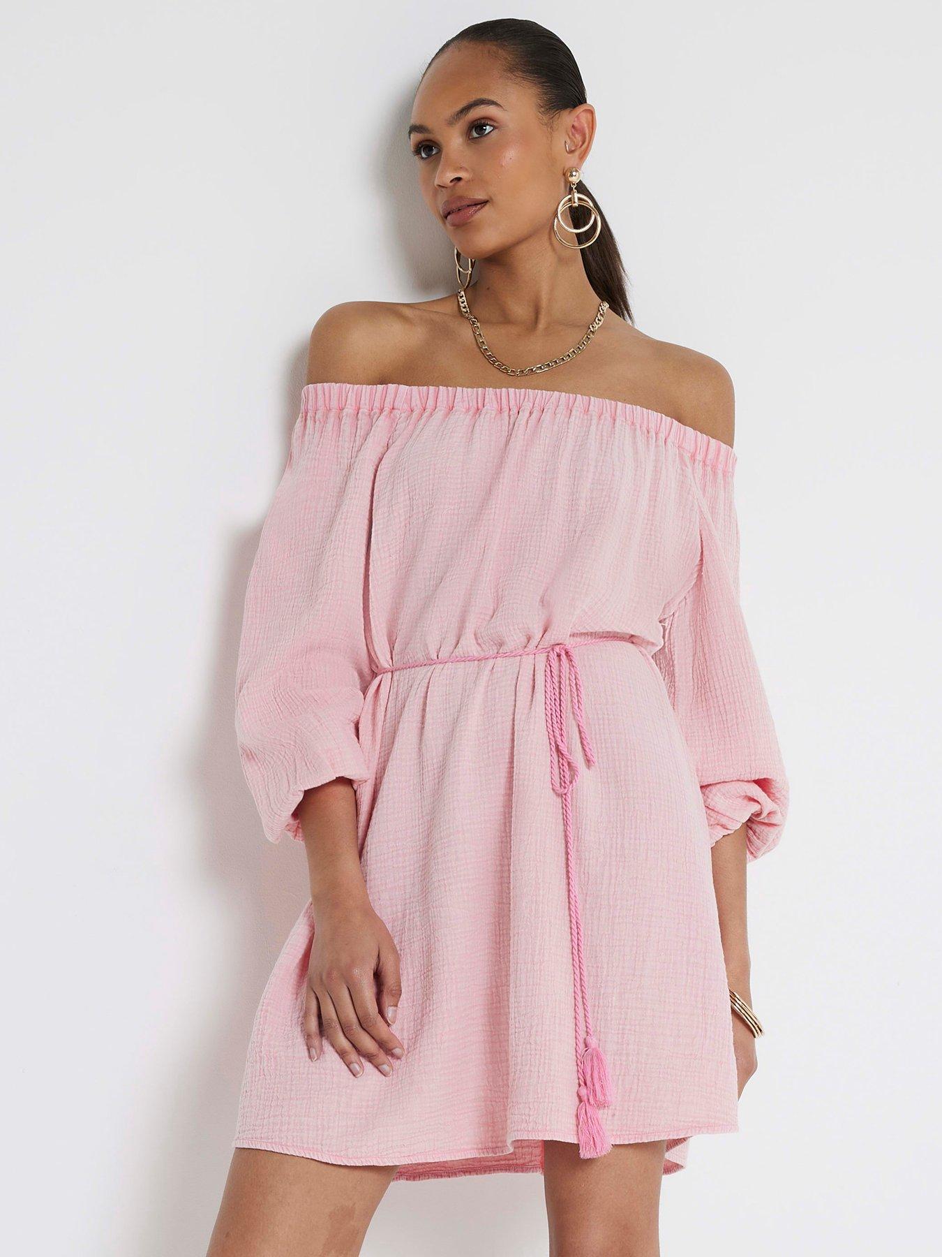Long Summer Off Shoulder Bardot Pink Dress Floral Pattern main image 1