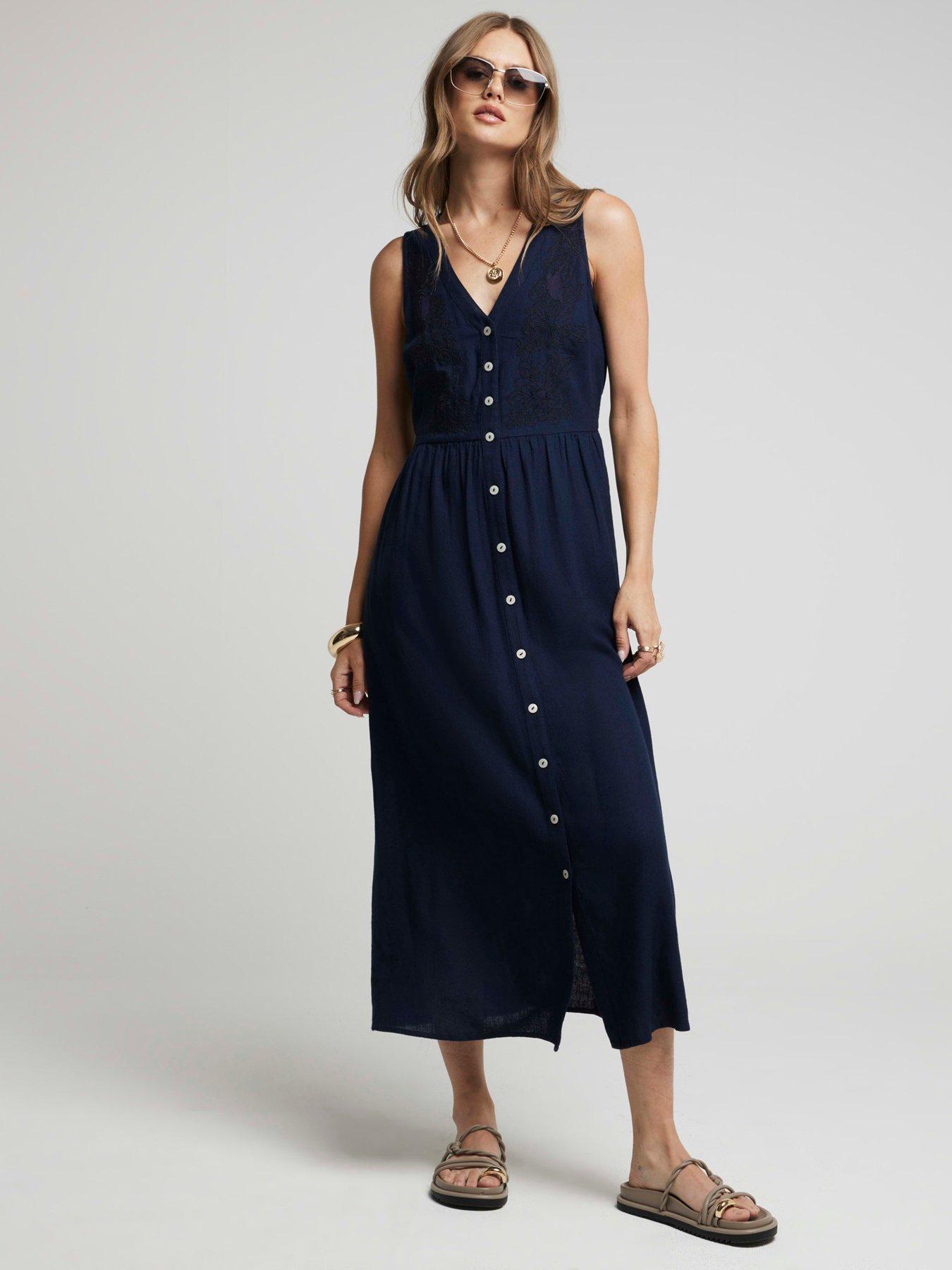 River Island Linen Cut Out Midi Dress Navy littlewoods