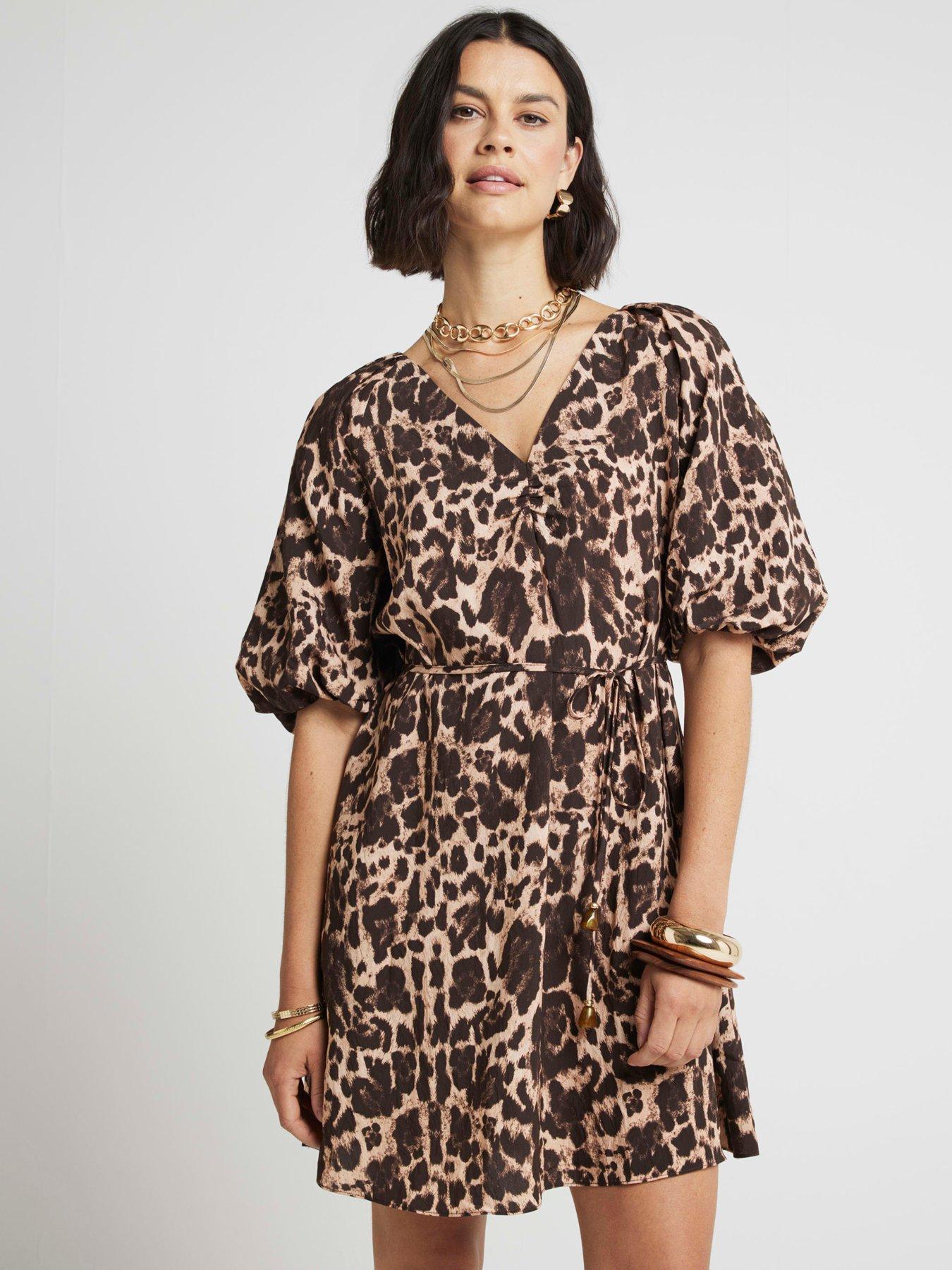 undefined Puff Detail Belted Mini Dress - Brown