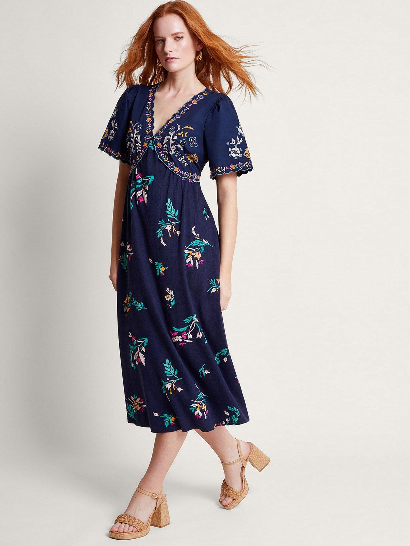 sachin and babi light blue dress Short Sleeve Floral Embroidered Midi Dress in Navy