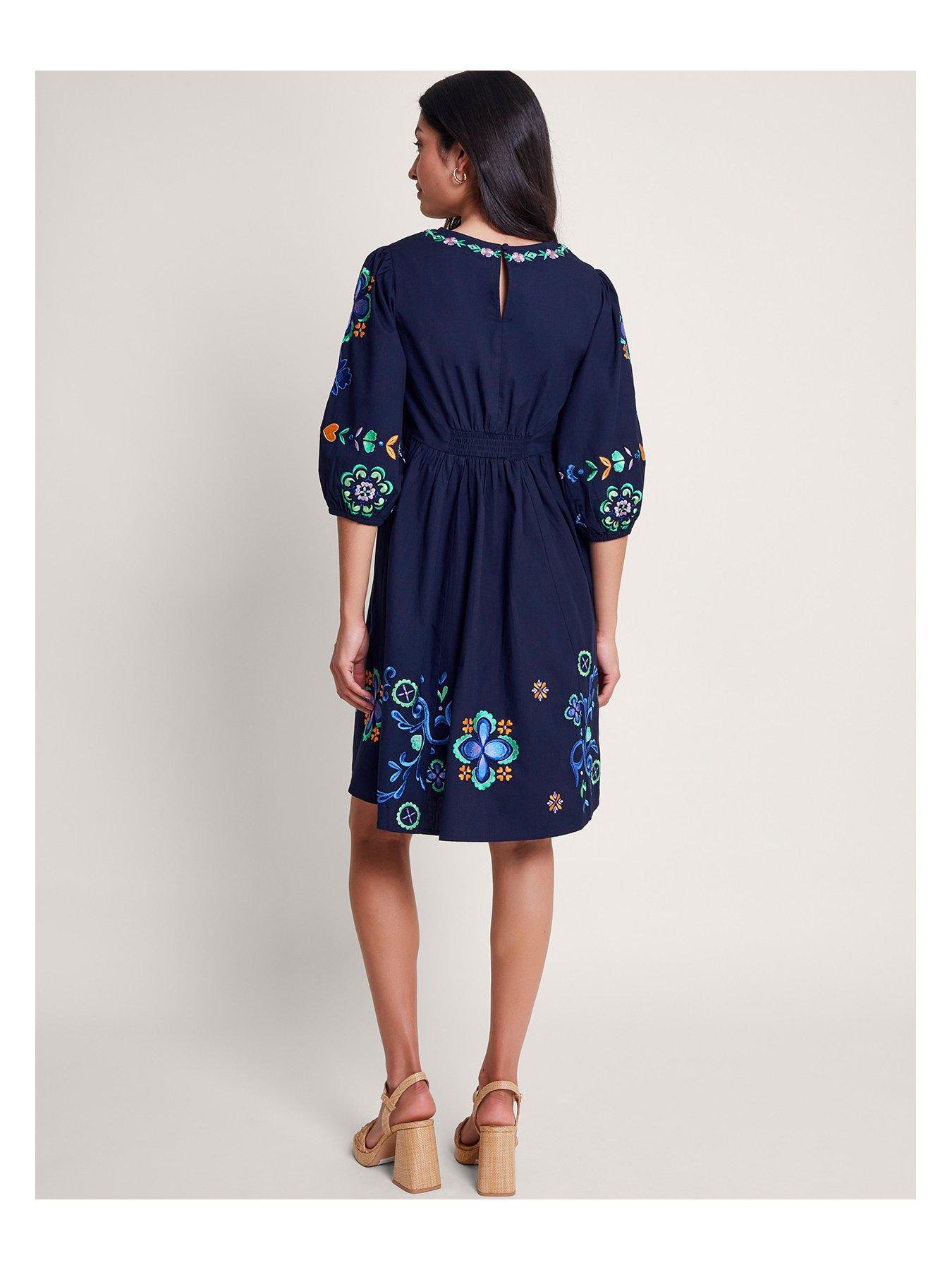 Monsoon Eden Embroidered Dress Blue