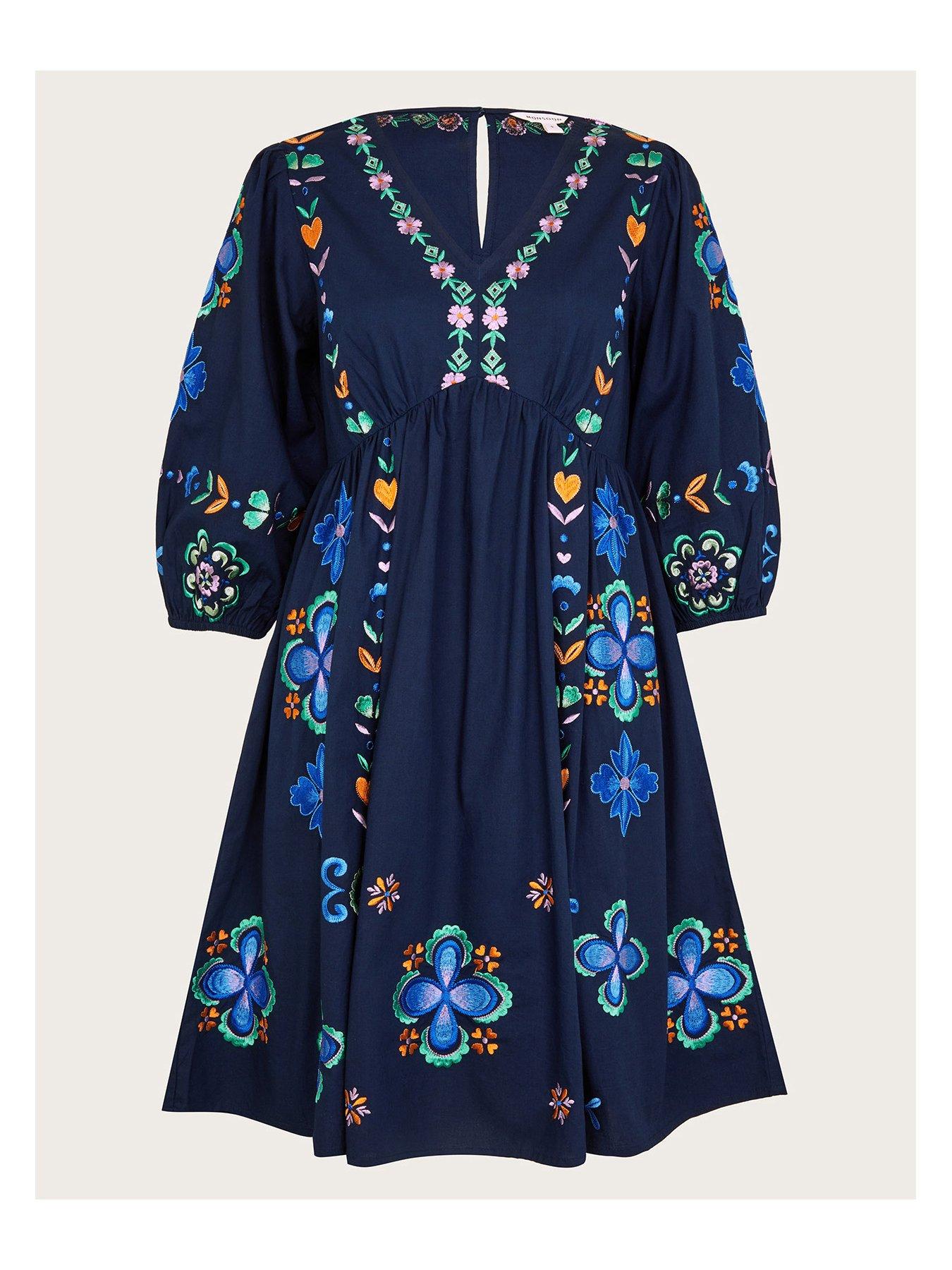 Monsoon Eden Embroidered Dress Blue