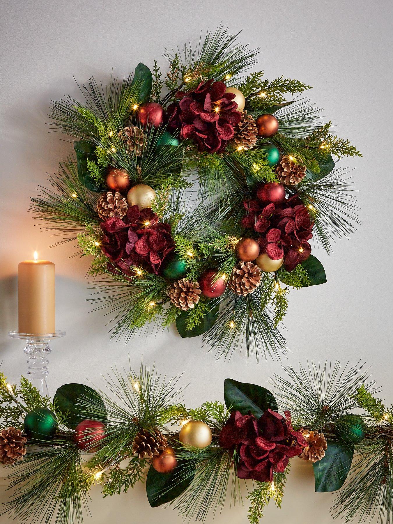 undefined Red Hydrangea Pre-Lit Christmas Wreath