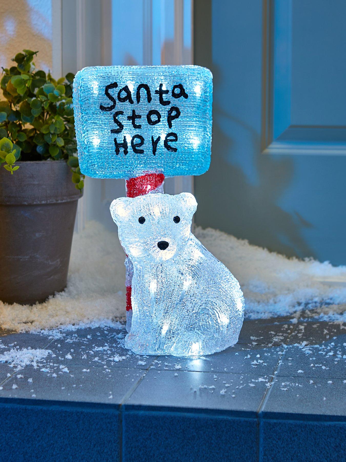 undefined Acrylic Spun Lit Polar Bear Santa Stop Here Sign Outdoor Christmas Decoration