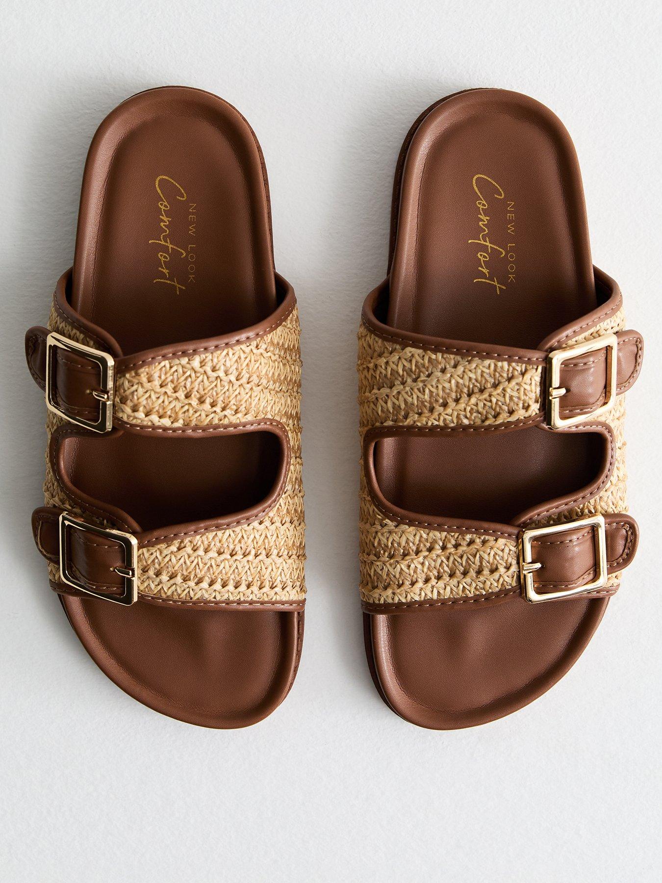 undefined Tan Raffia Chunky Buckle Sandals