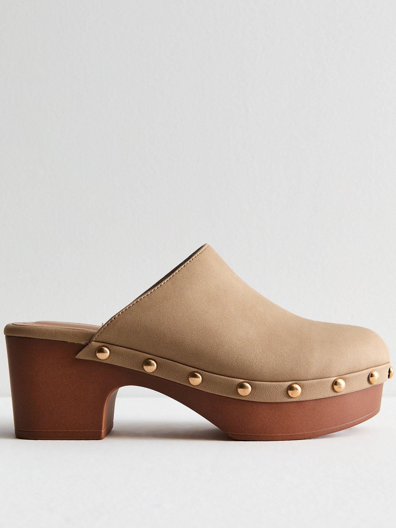 Brown Leather Look Block Heel Clogs