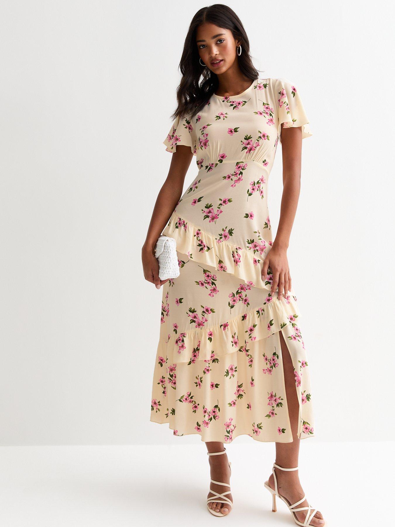 New Look Cream Floral Print Ruffle Midi | littlewoods.com