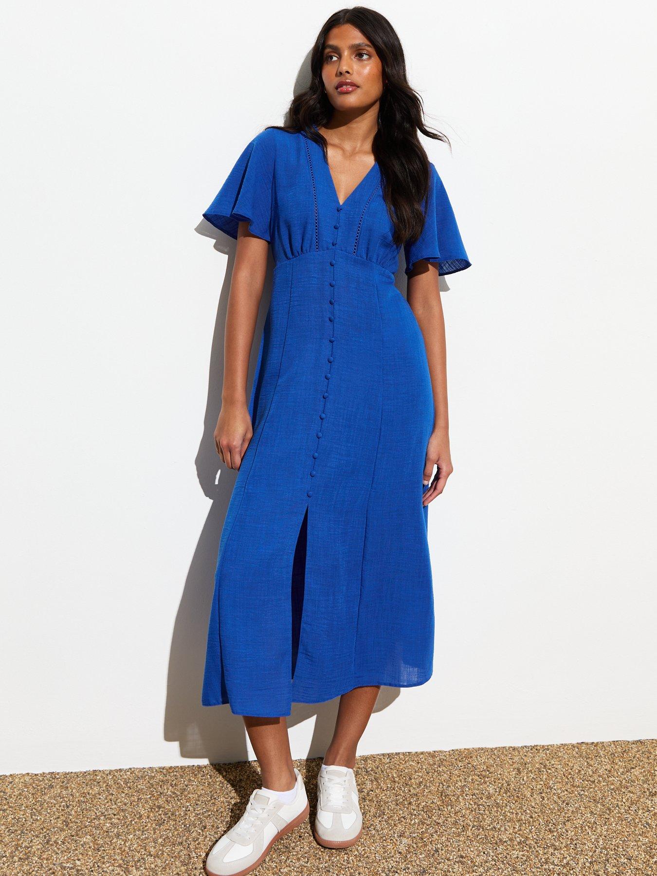 Lace Trim Button Front Square Neck Midi Dress