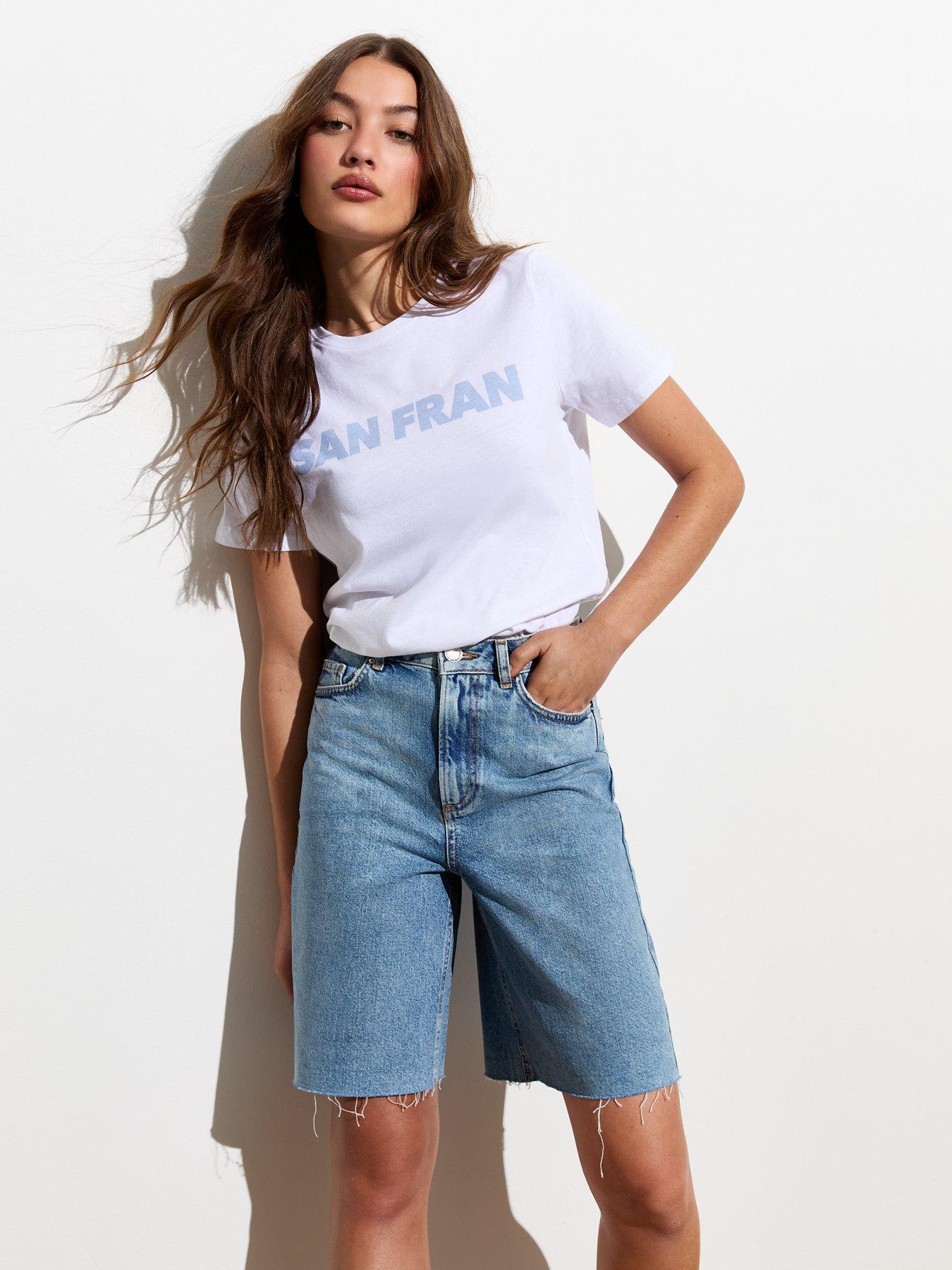 Bright Blue Denim Raw Hem Bermuda Shorts