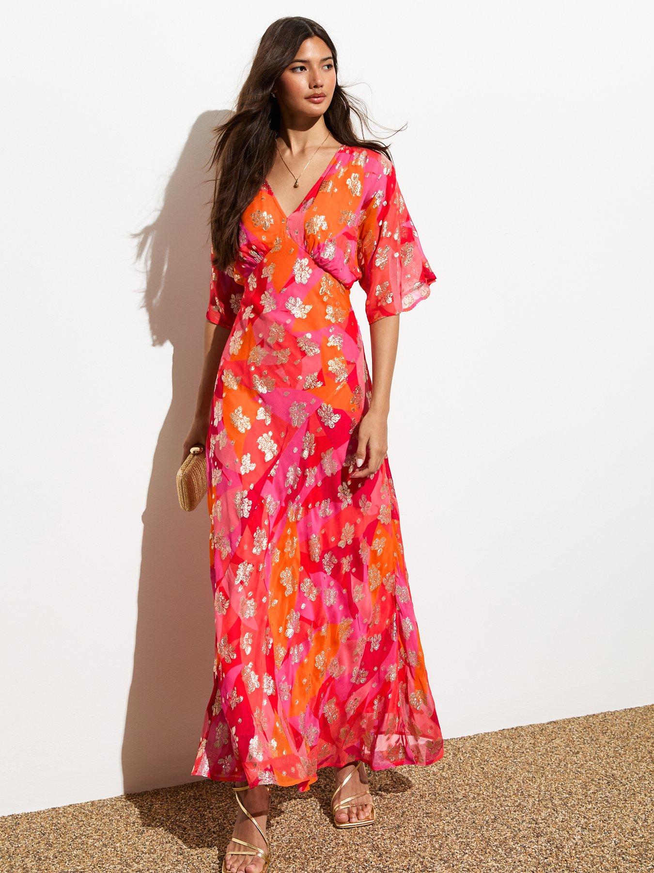 undefined Orange Gold Floral Print Maxi Dress
