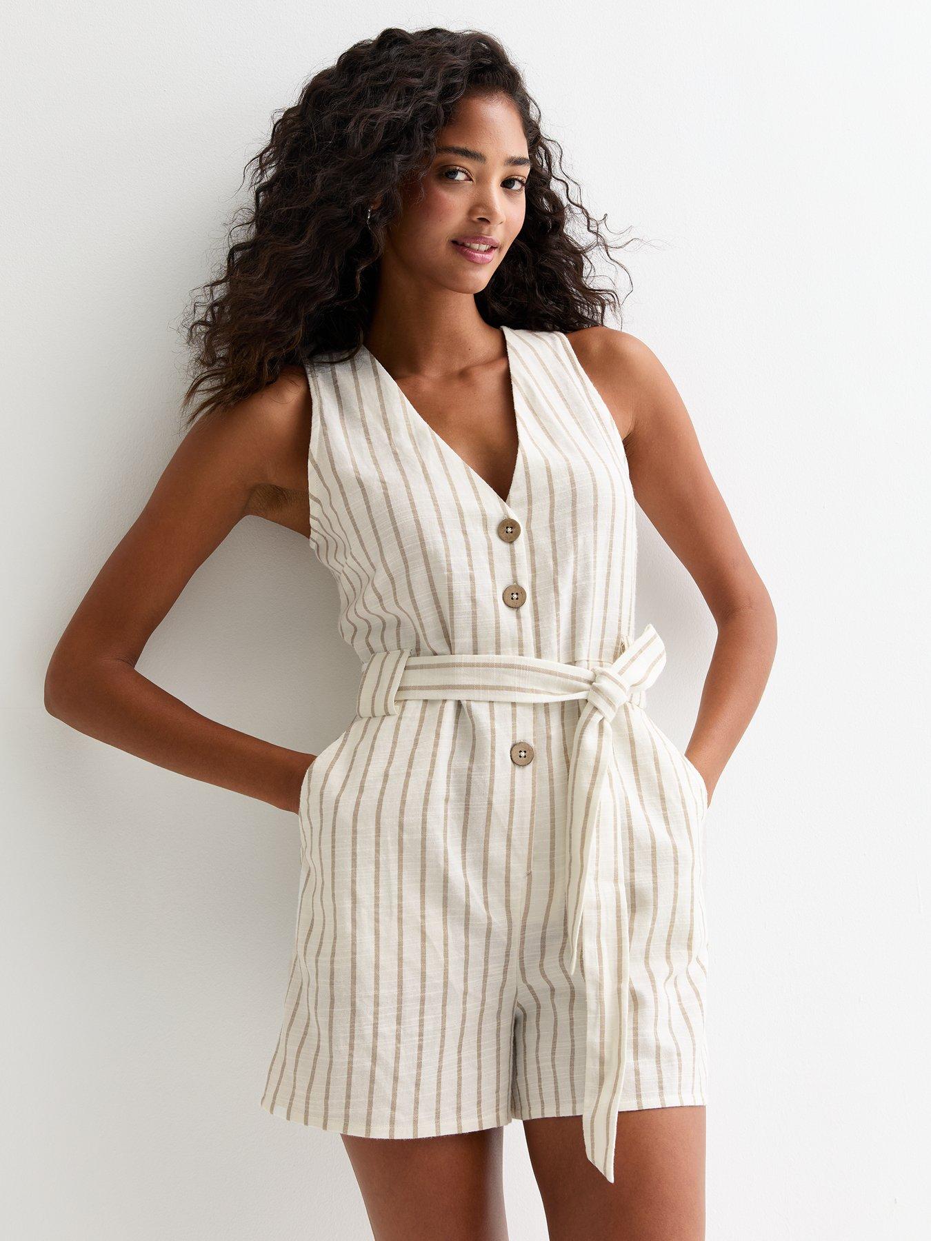 Cream Cotton Stripe V Neck Belted Playsuit