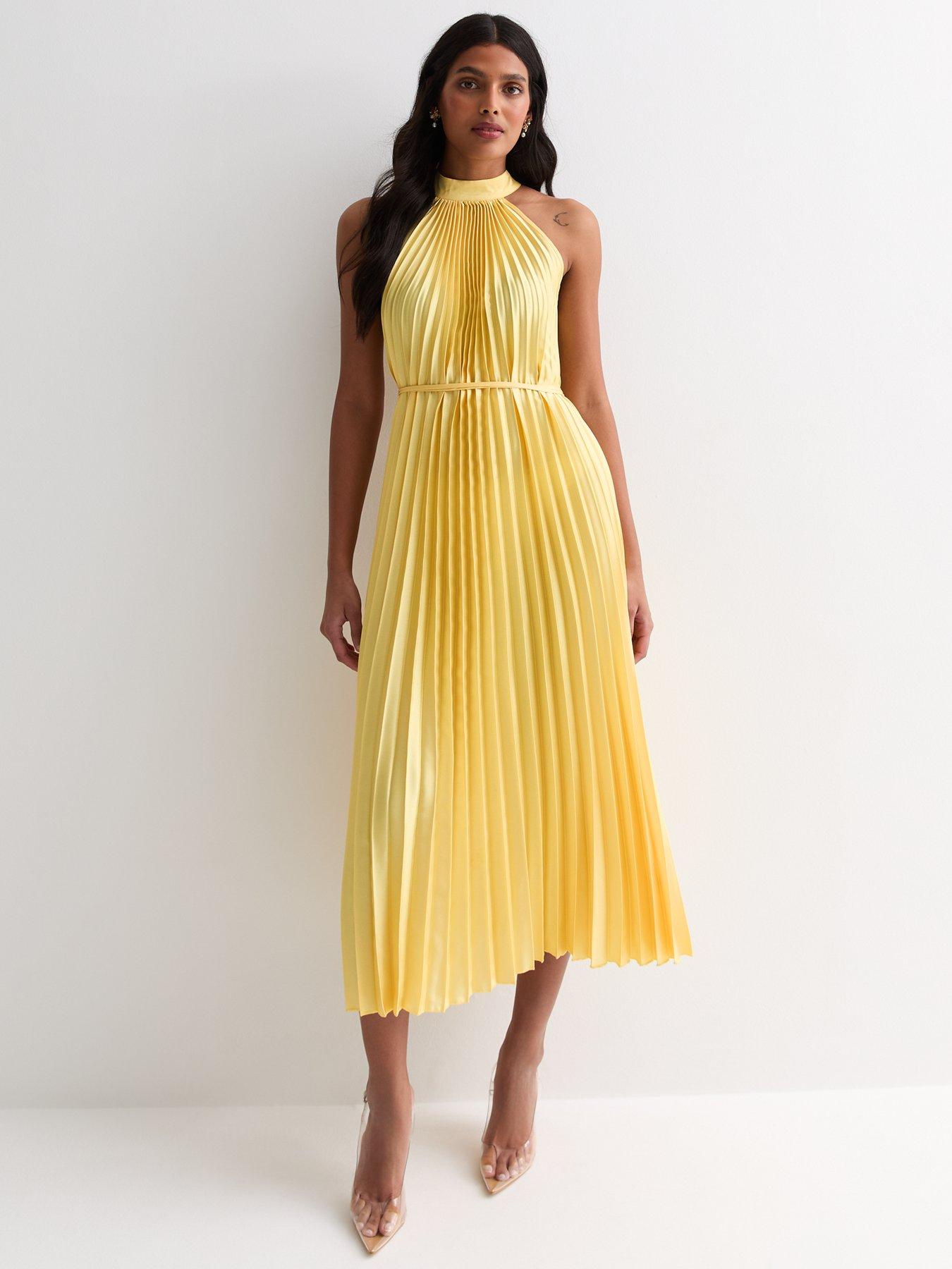 New Look Pale Yellow Pleated Satin Halter Midi Dress littlewoods