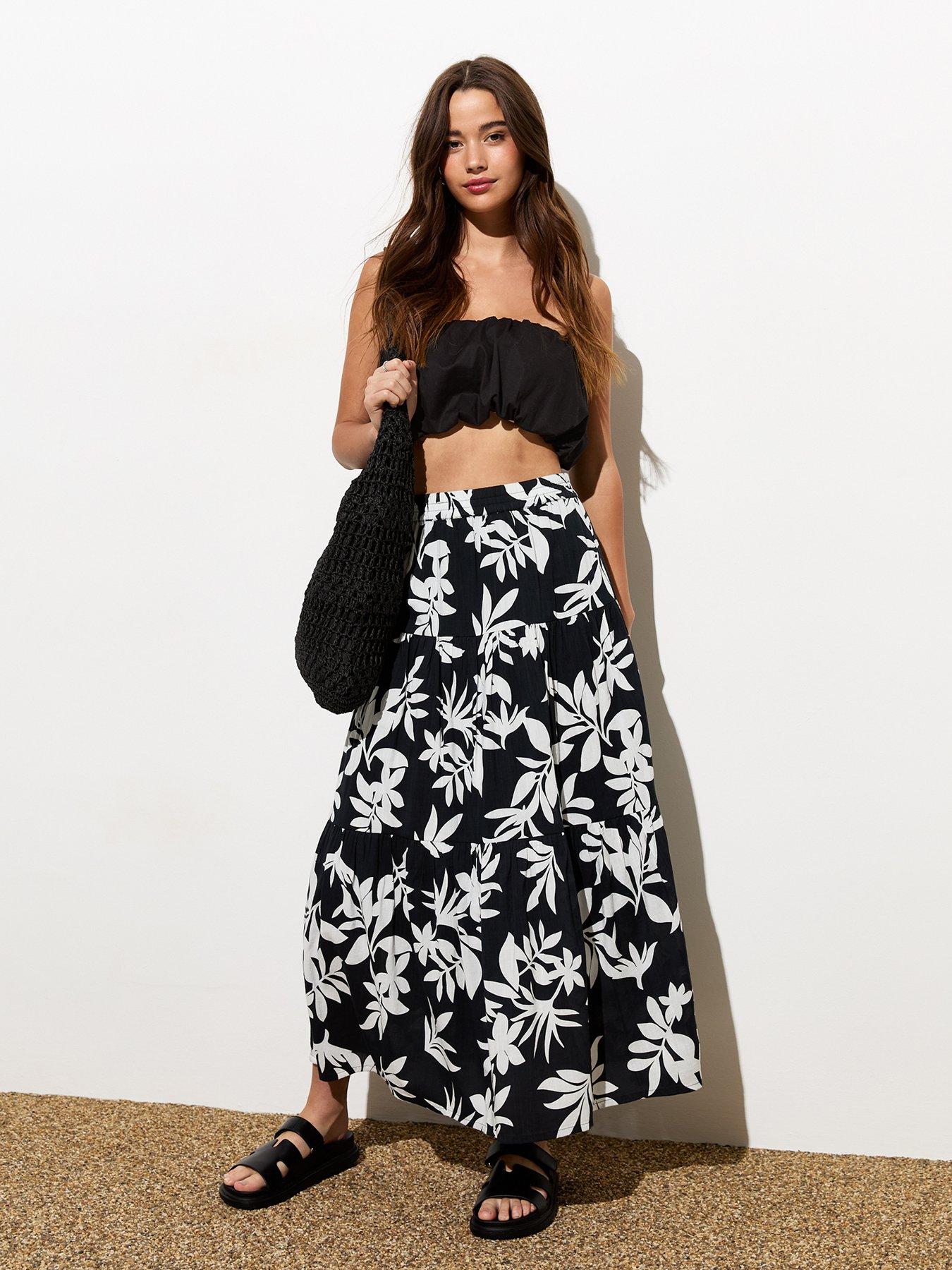New Look Black Cotton Leaf Print Tiered Midi Skirt littlewoods