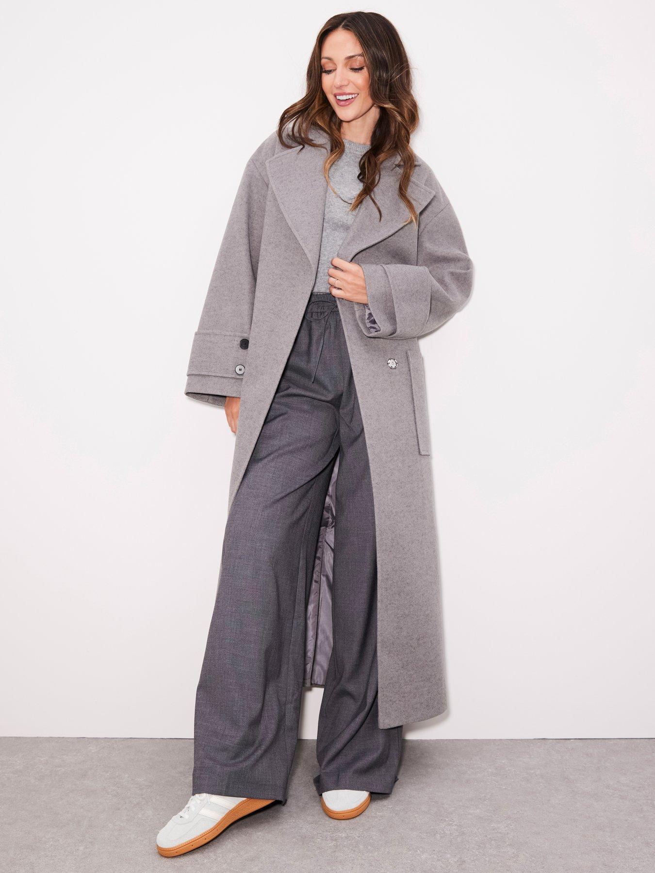 undefined Premium Wool Blend Belted Slightly Oversized Tab Cuff Coat - Grey