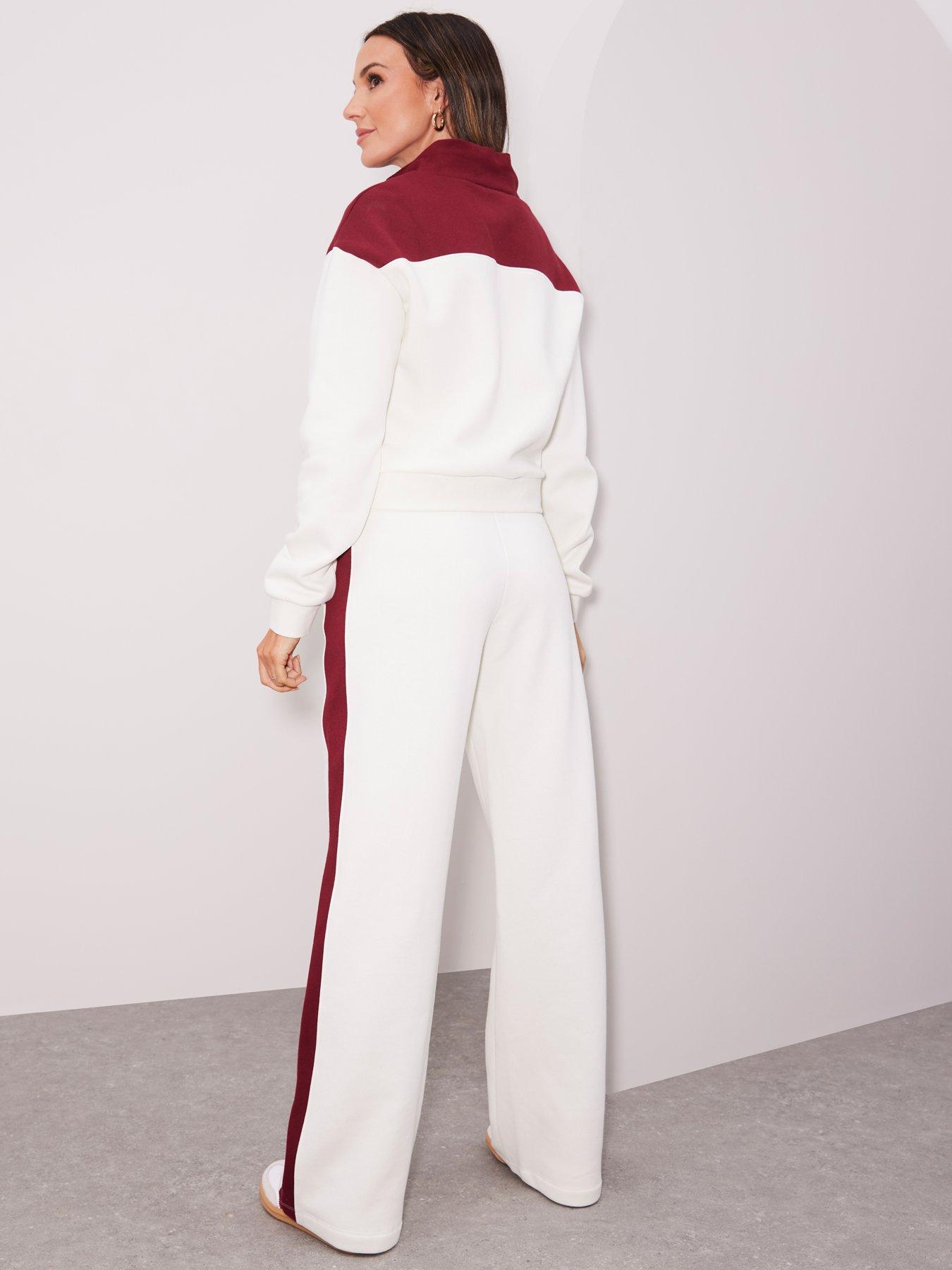 Co Ord Tracksuit Contrast Trim Top White Burgundy