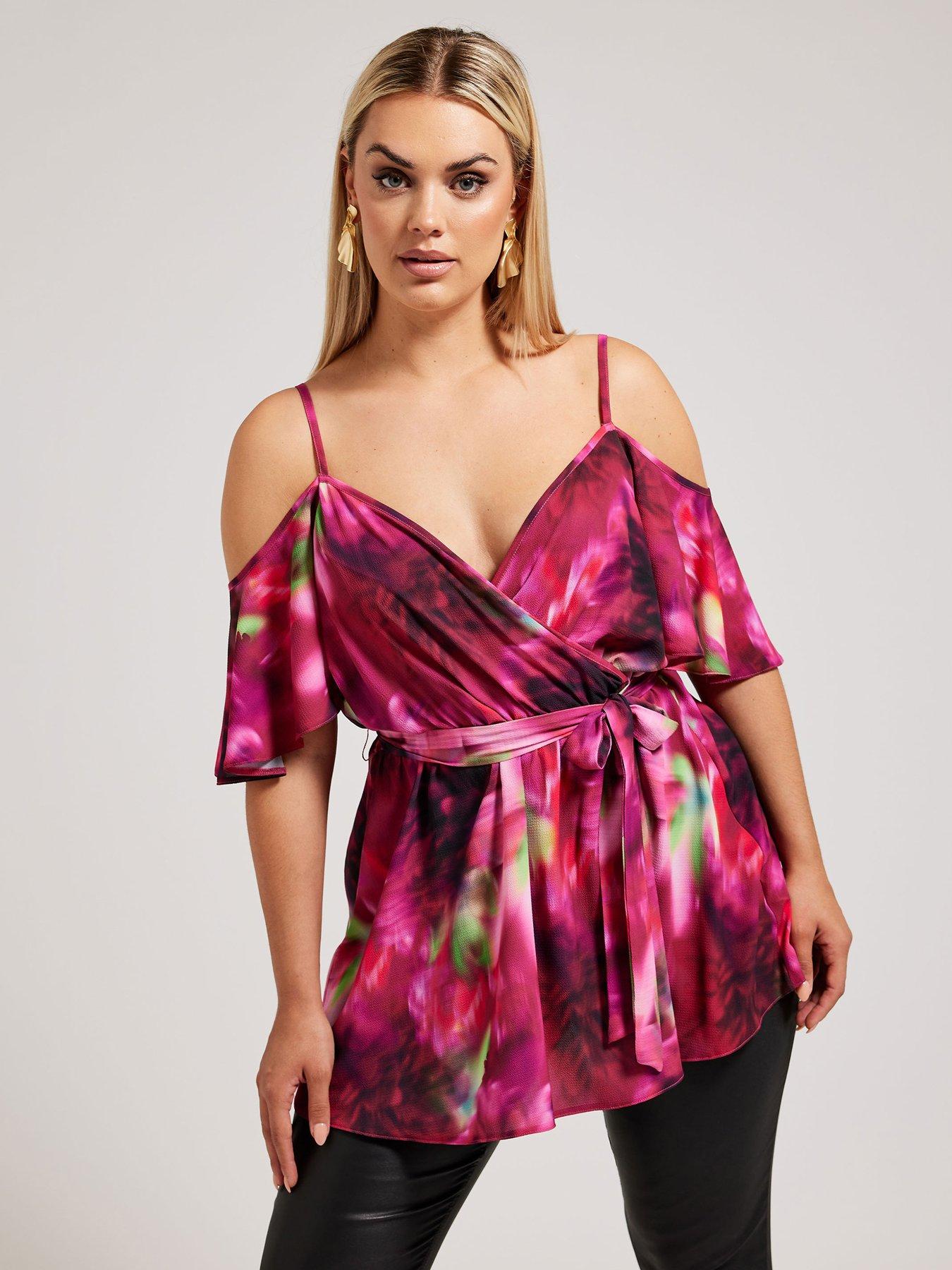 undefined Curve Abstract Floral Cold Shoulder Wrap Top