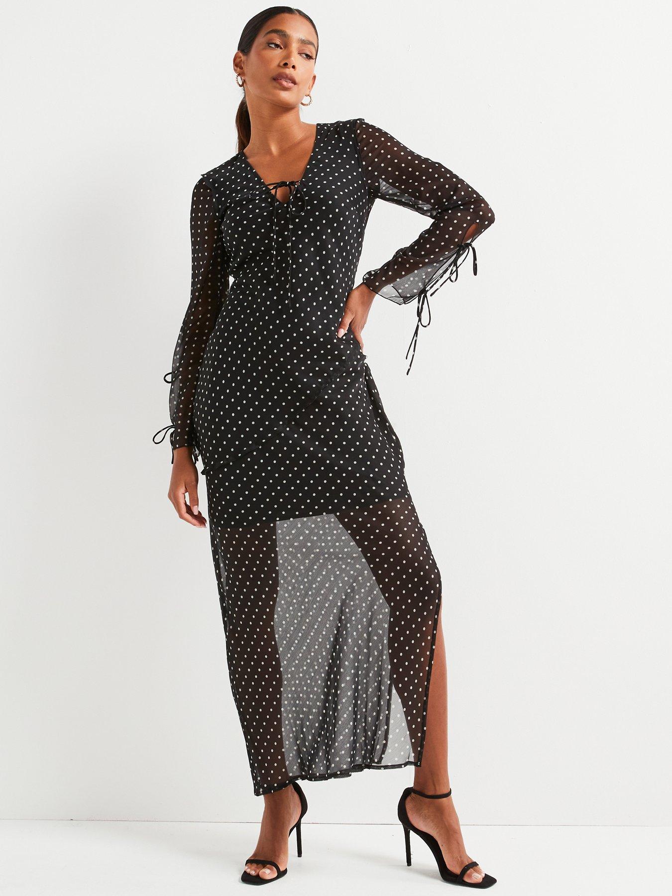 undefined Tie Front Printed Midi Dress - Black