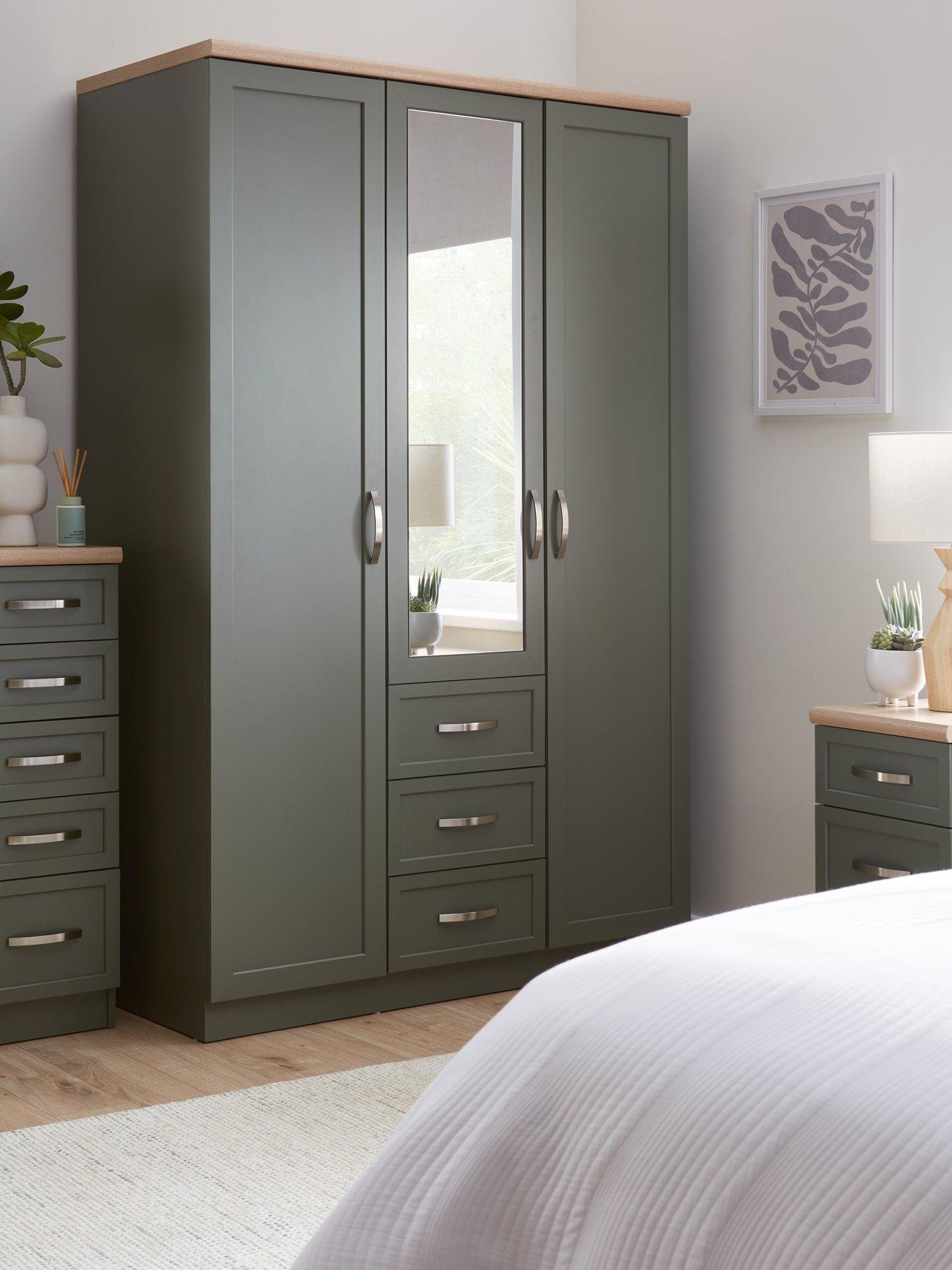 The Very Collection Camberley 3 Door, 3 Drawer Mirrored Wardrobe - Green