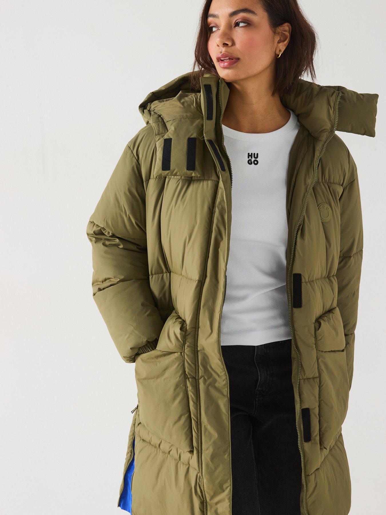  image of hugo-flavia-padded-cuffed-sleeve-long-line-coat-green
