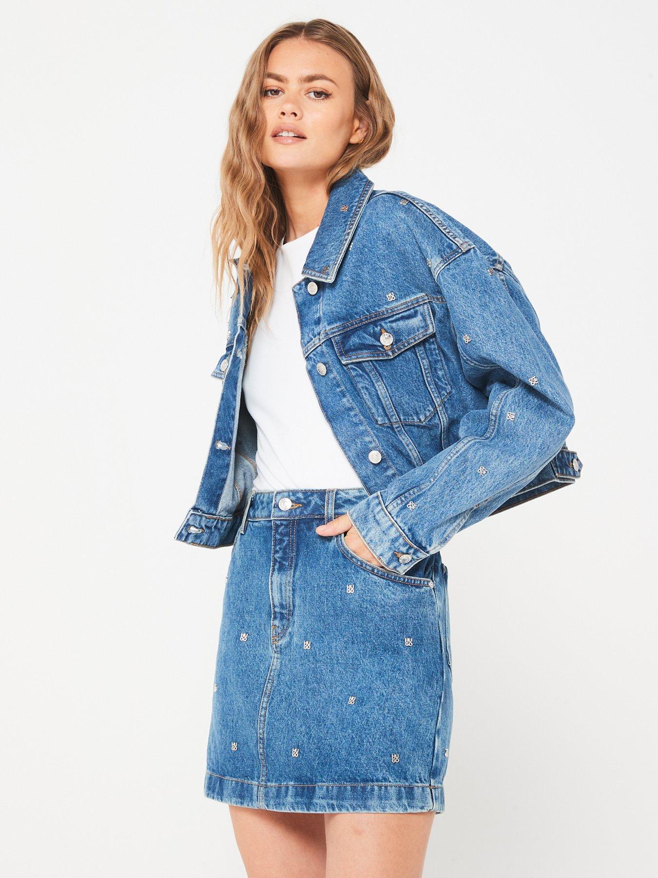 HUGO Gebisi All Over Logo Denim Mini Skirt - Blue